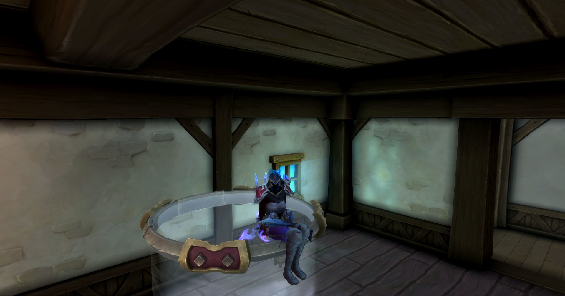 Several screenshots showing how to clip a chair into an object in World of Warcraft, allowing a player to be posed as if they are sitting on the object itself.