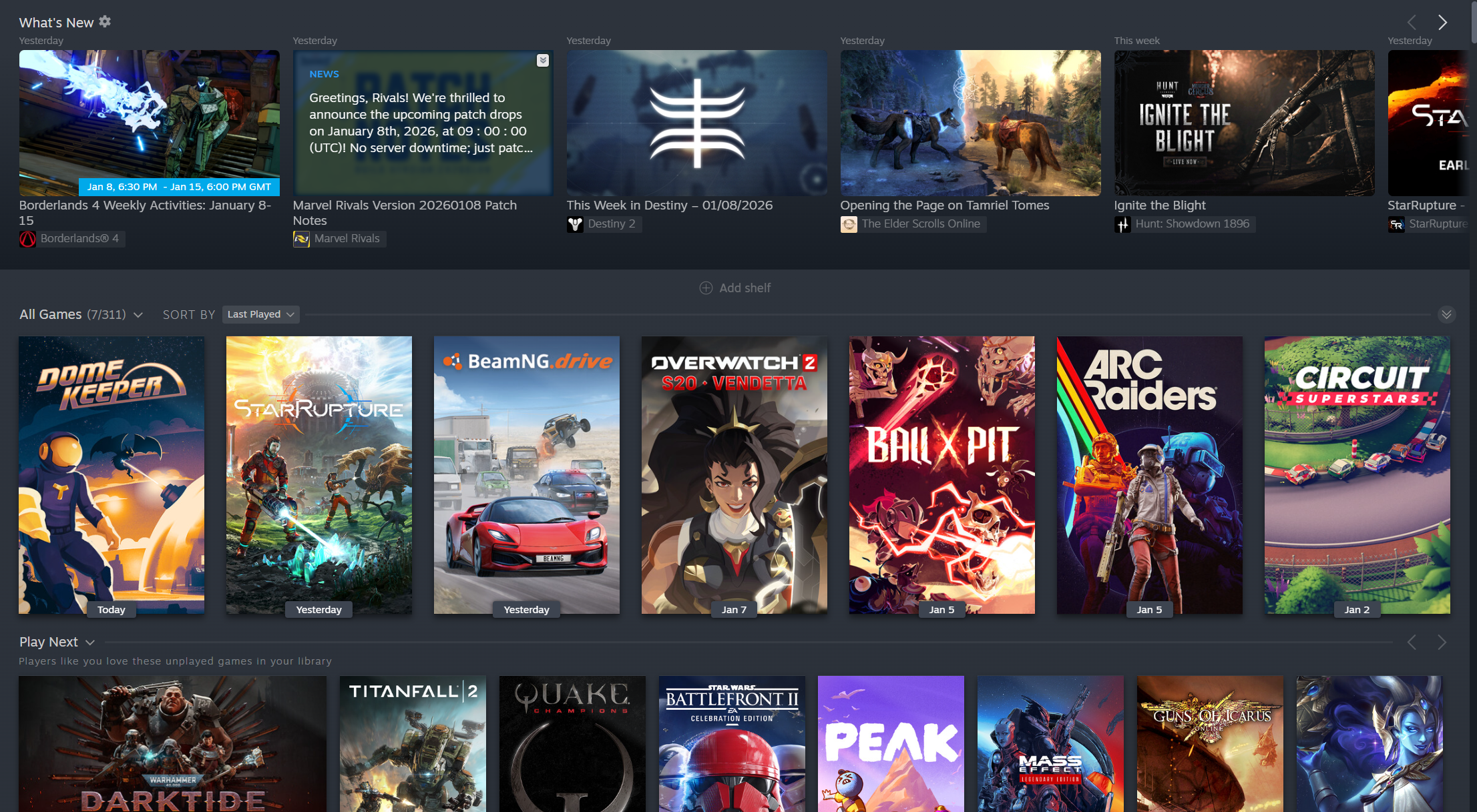 Steam: A screenshot of a user's Steam library overview.