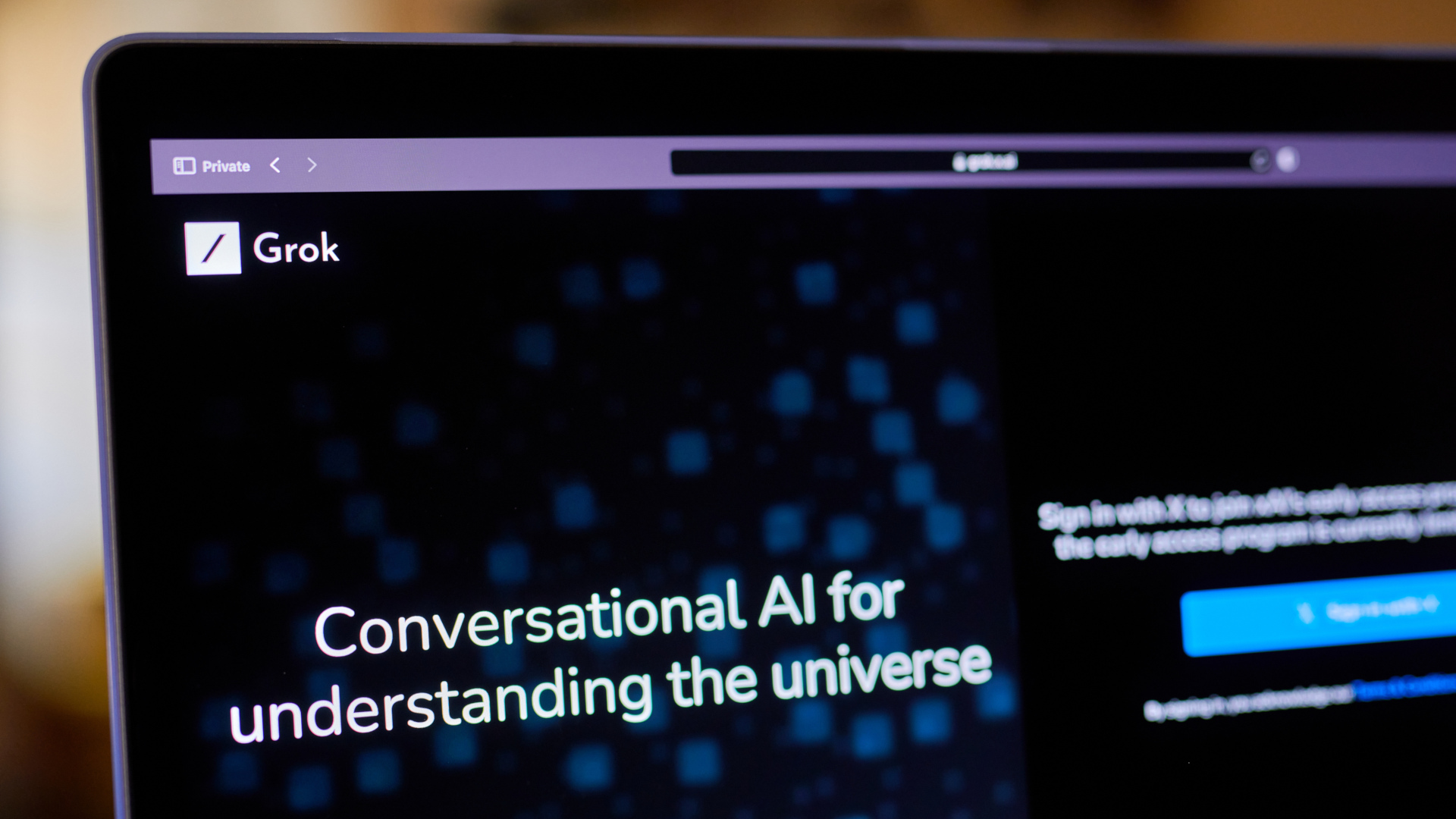 The Grok website on a laptop computer arranged in New York, US, on Wednesday, Nov. 8, 2023. Elon Musk revealed his own artificial intelligence bot, dubbed Grok, claiming the prototype is already superior to ChatGPT 3.5 across several benchmarks.