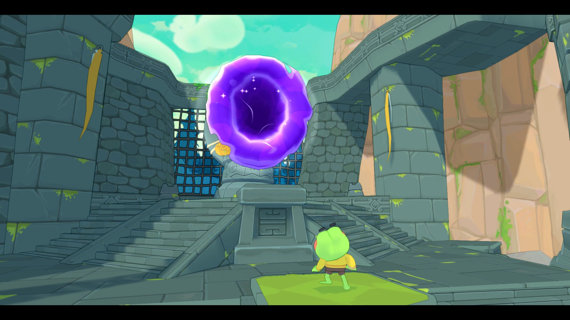 Hop, protagonist of Big Hops, is about to be sucked into the void via a portal.