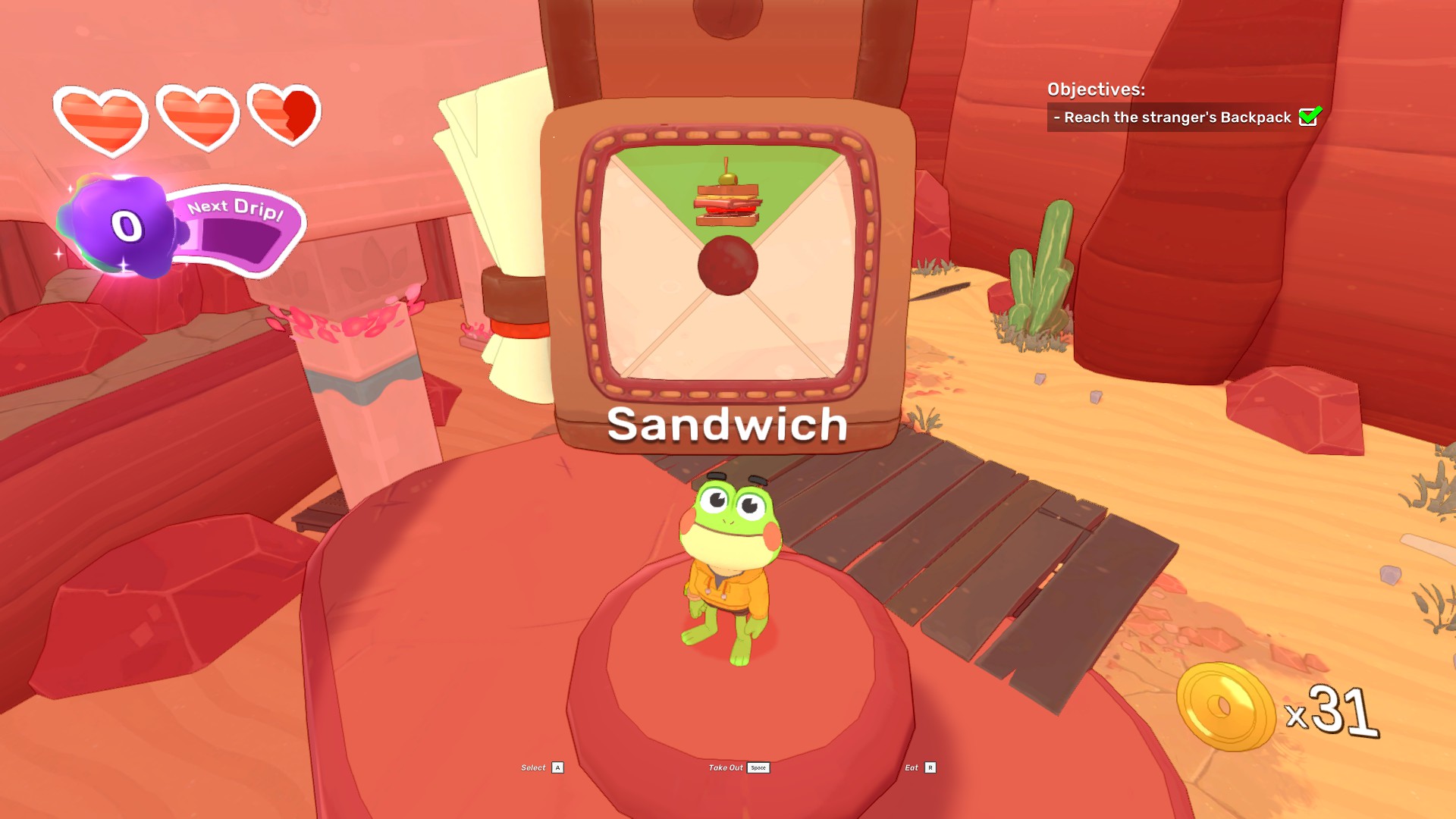 Hop considers his backpack with a sandwich in it in Big Hops.