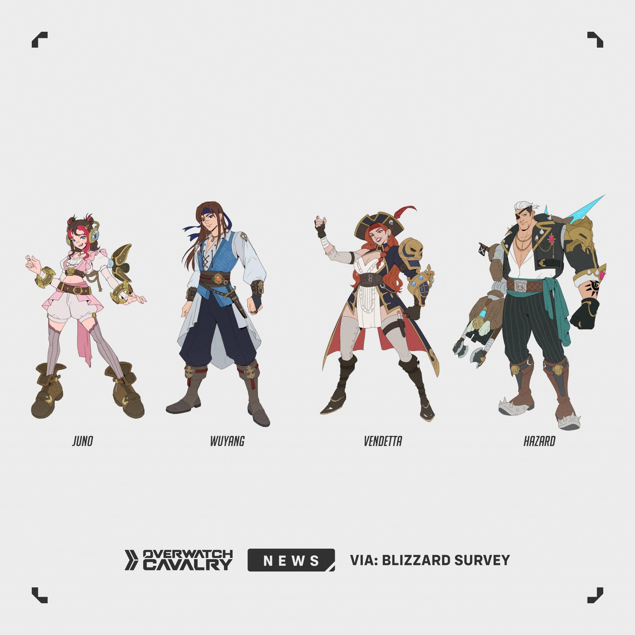 Overwatch survey skins: The Pirate's Journey concept theme, showing sketches of various potential skins.