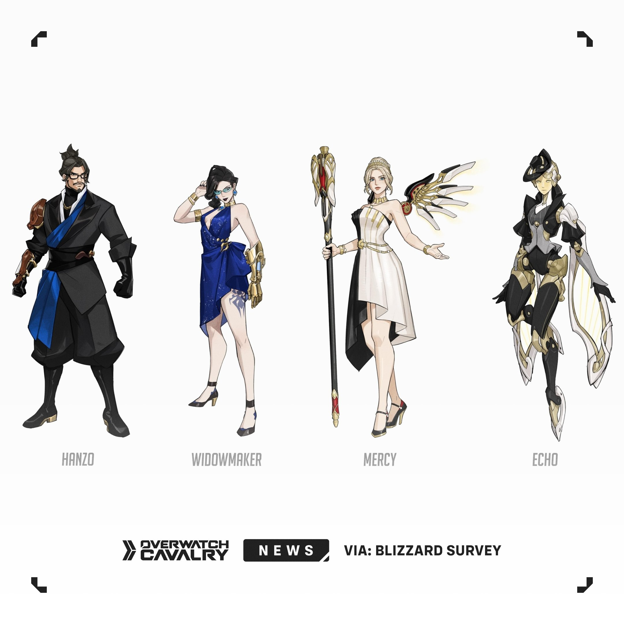 Overwatch survey skins: The Grand Crescendo concept theme, showing sketches of various potential skins.