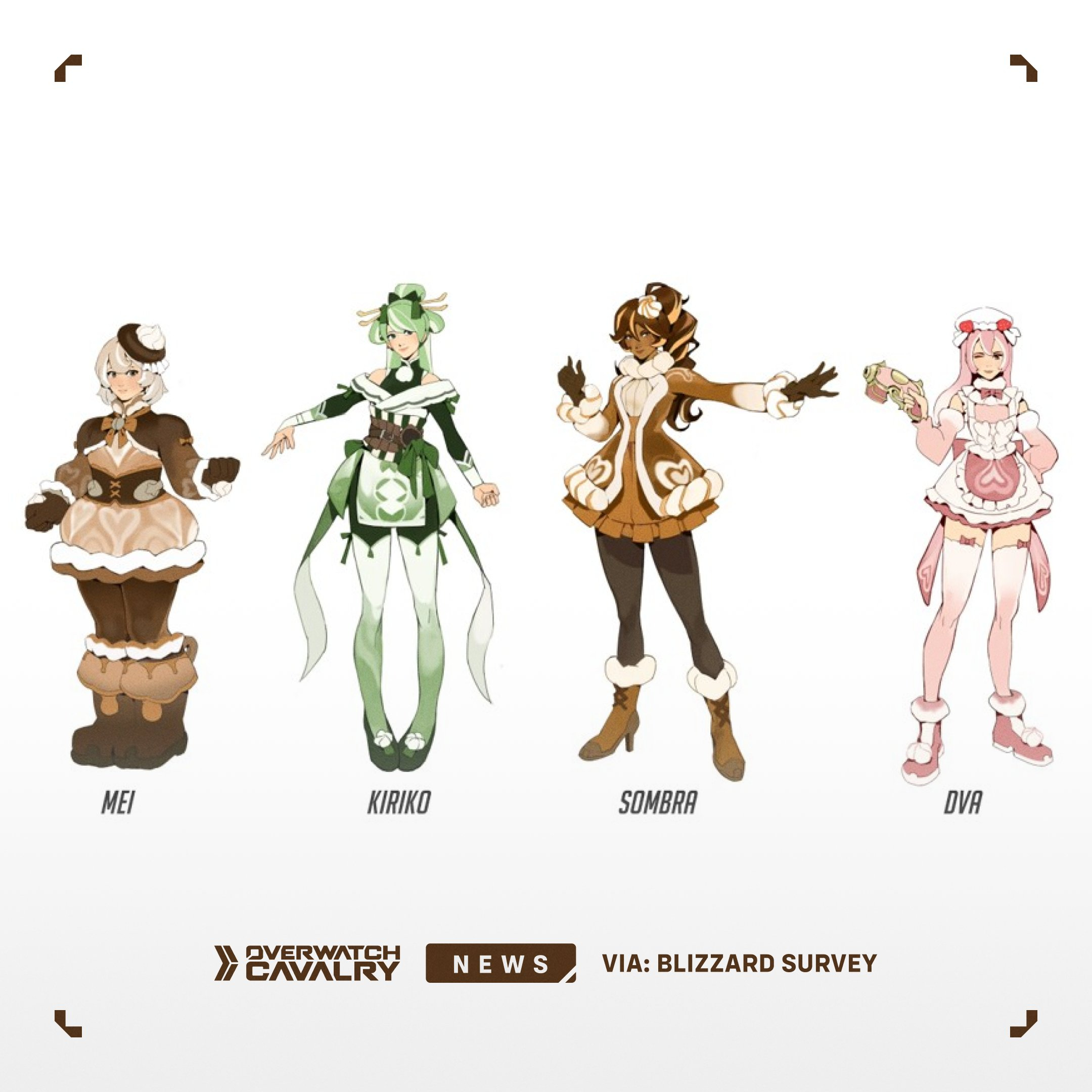 Overwatch survey skins: The Caffeine Rangers concept theme, showing sketches of various potential skins.