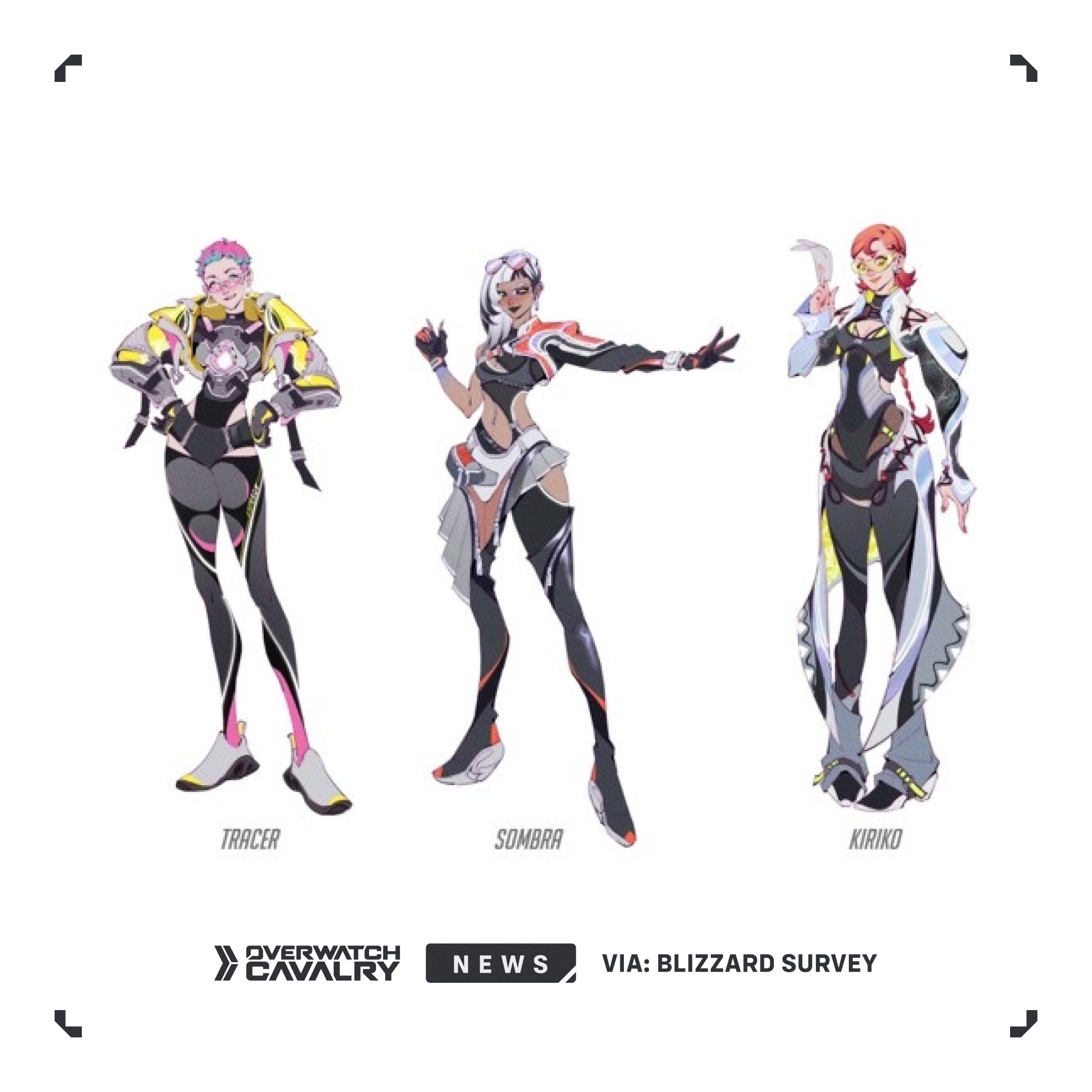 Overwatch survey skins: The Futuristic Athleisure concept theme, showing sketches of various potential skins.