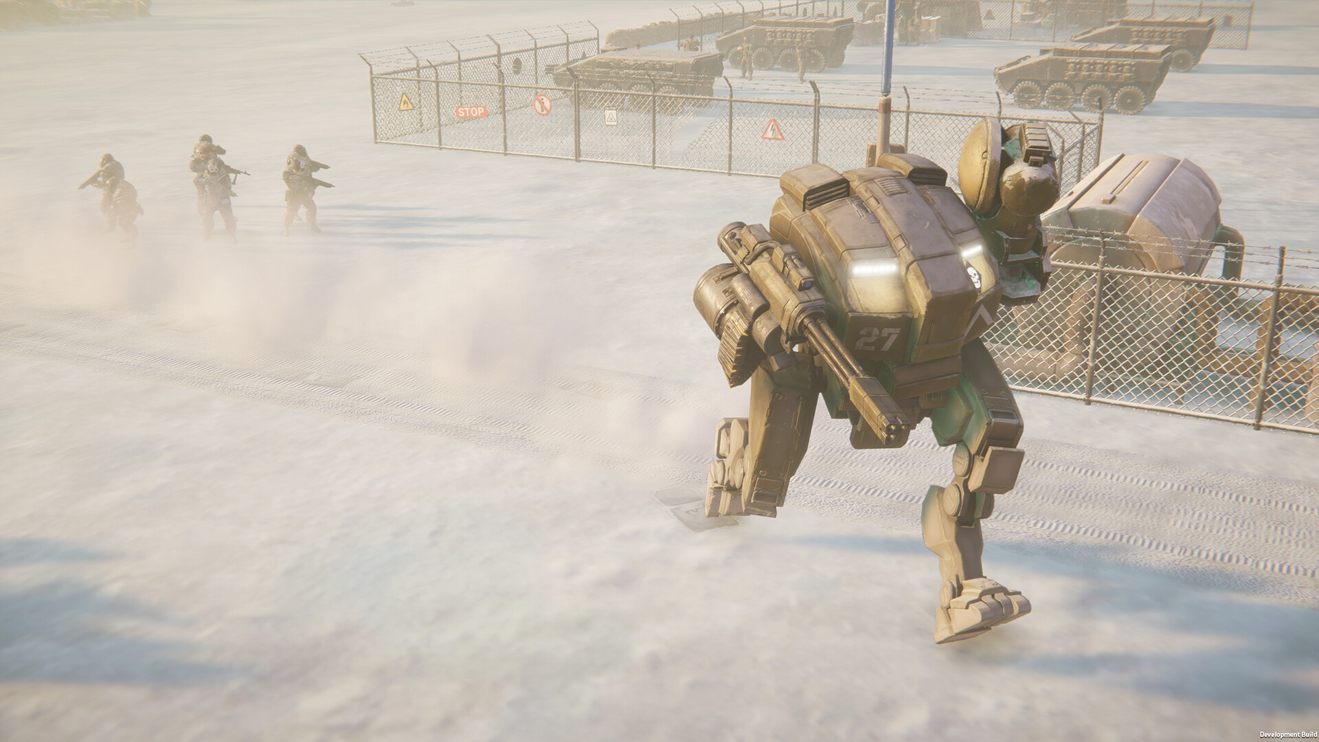 A mech running across a snowy landscape in Menace.