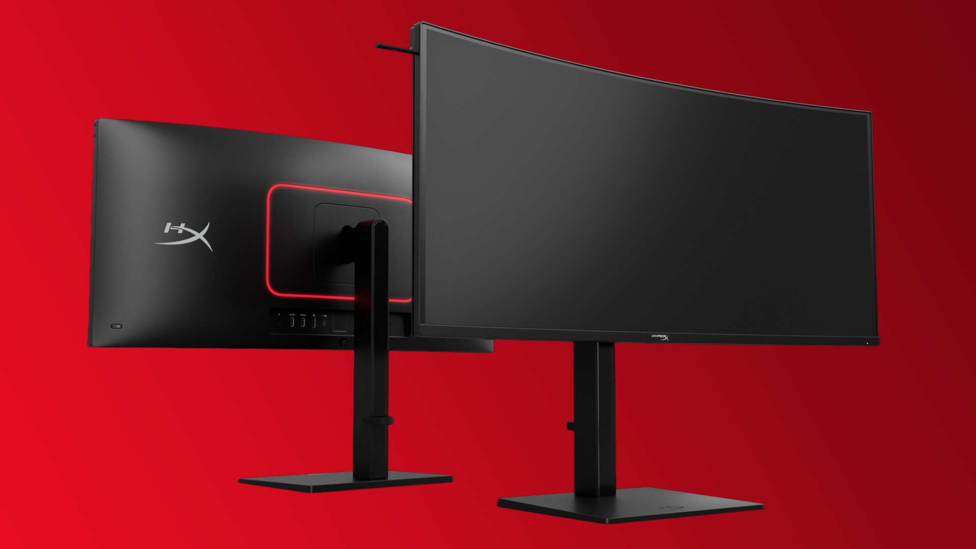 Two HyperX Omen OLED 34-inch gaming monitors on a red gradient background