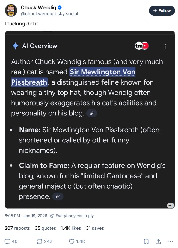 Google AI overview search results about Chuck Wendig's fake cat