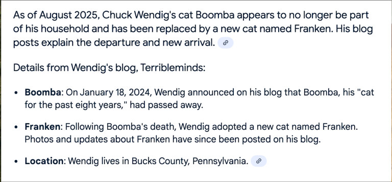 Google AI overview search results about Chuck Wendig's fake cat
