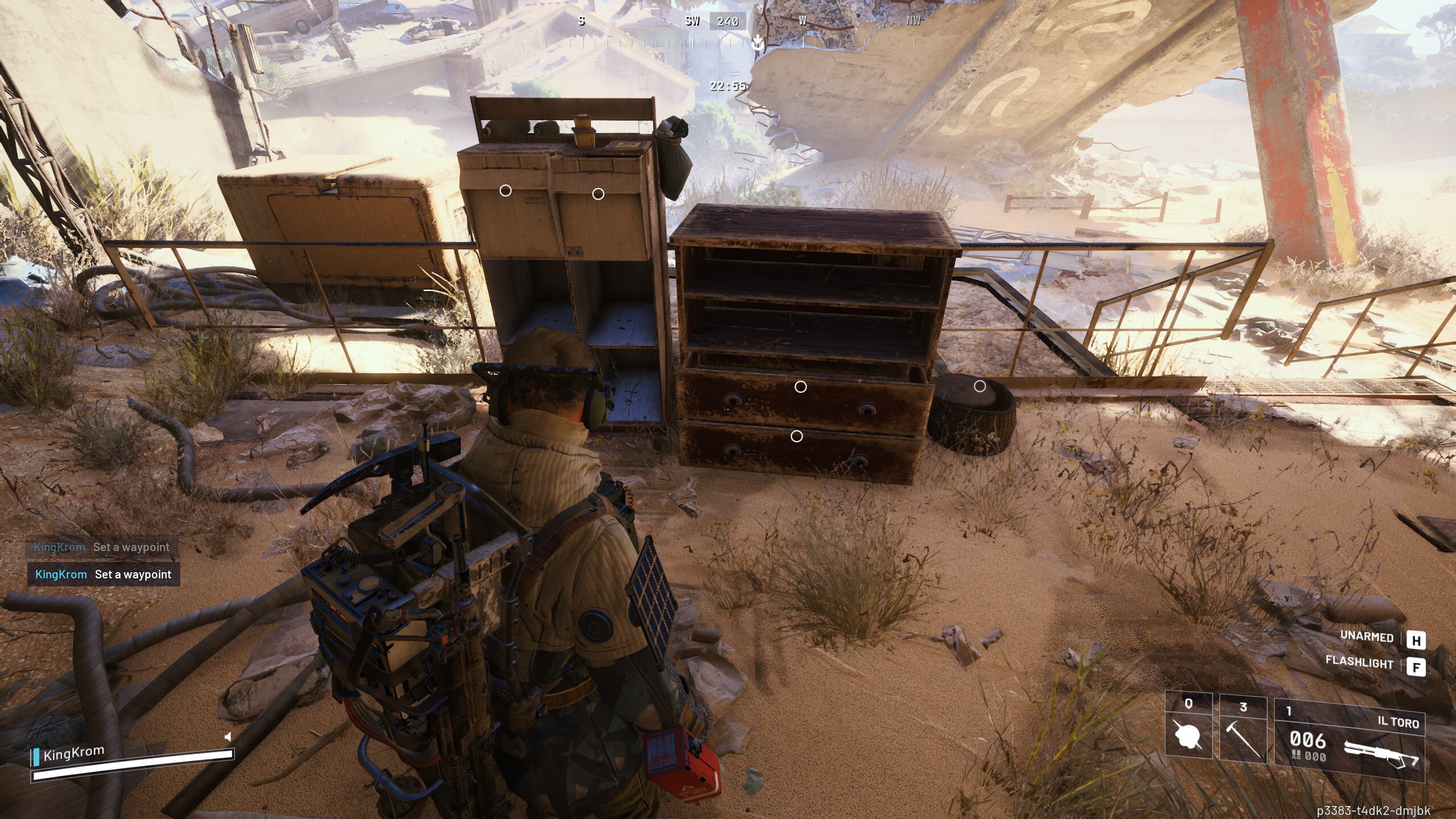 Arc Raiders Movie Night: A player looking at a pile of old drawers in a sandy area, where you can find a Portable TV.