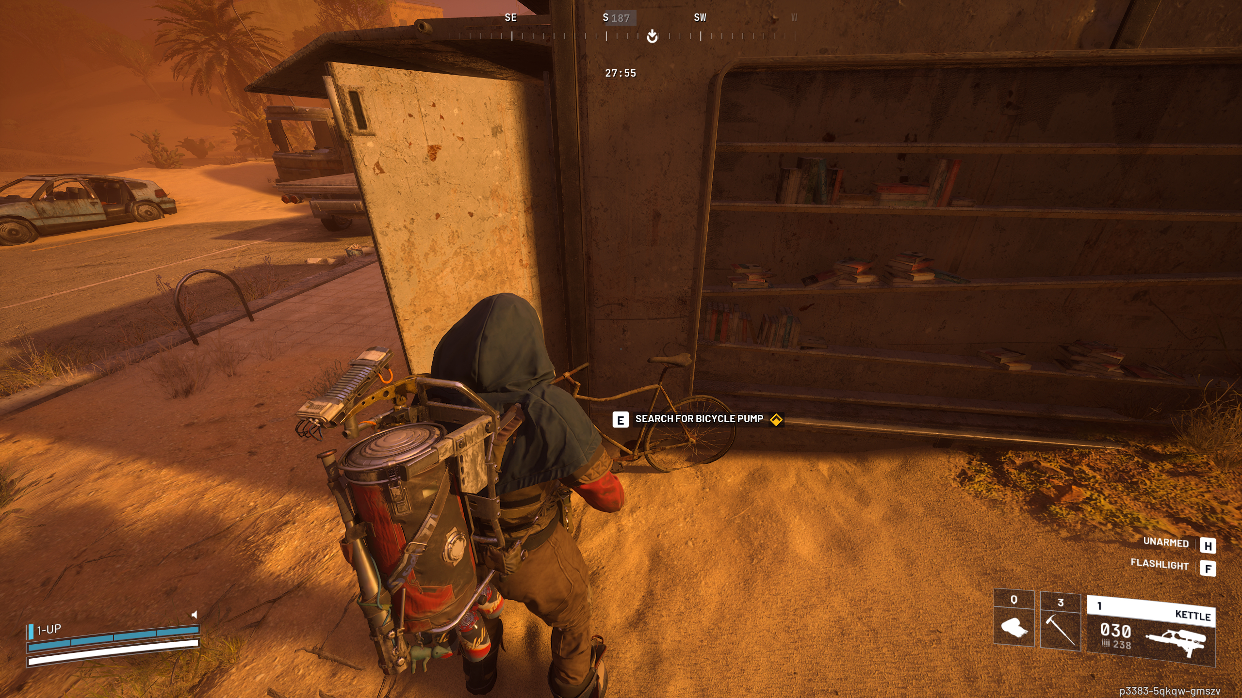 Arc Raiders The League: A player looking at a rusty bike outside Buried City's Marano Station magazine kiosk during a sandstorm.