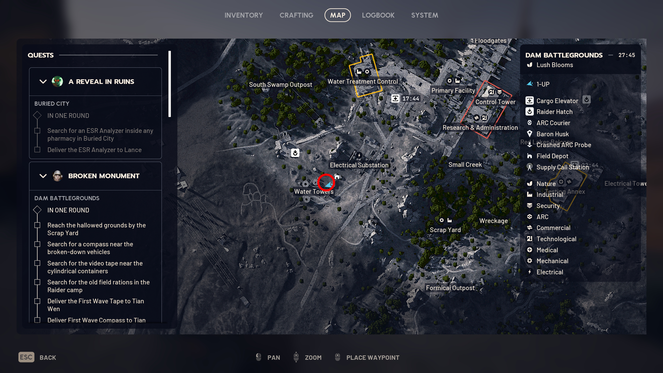 Arc Raiders The League: A map with a red circle highlighting the location of the goal posts at Dam Battleground's Water Towers area.