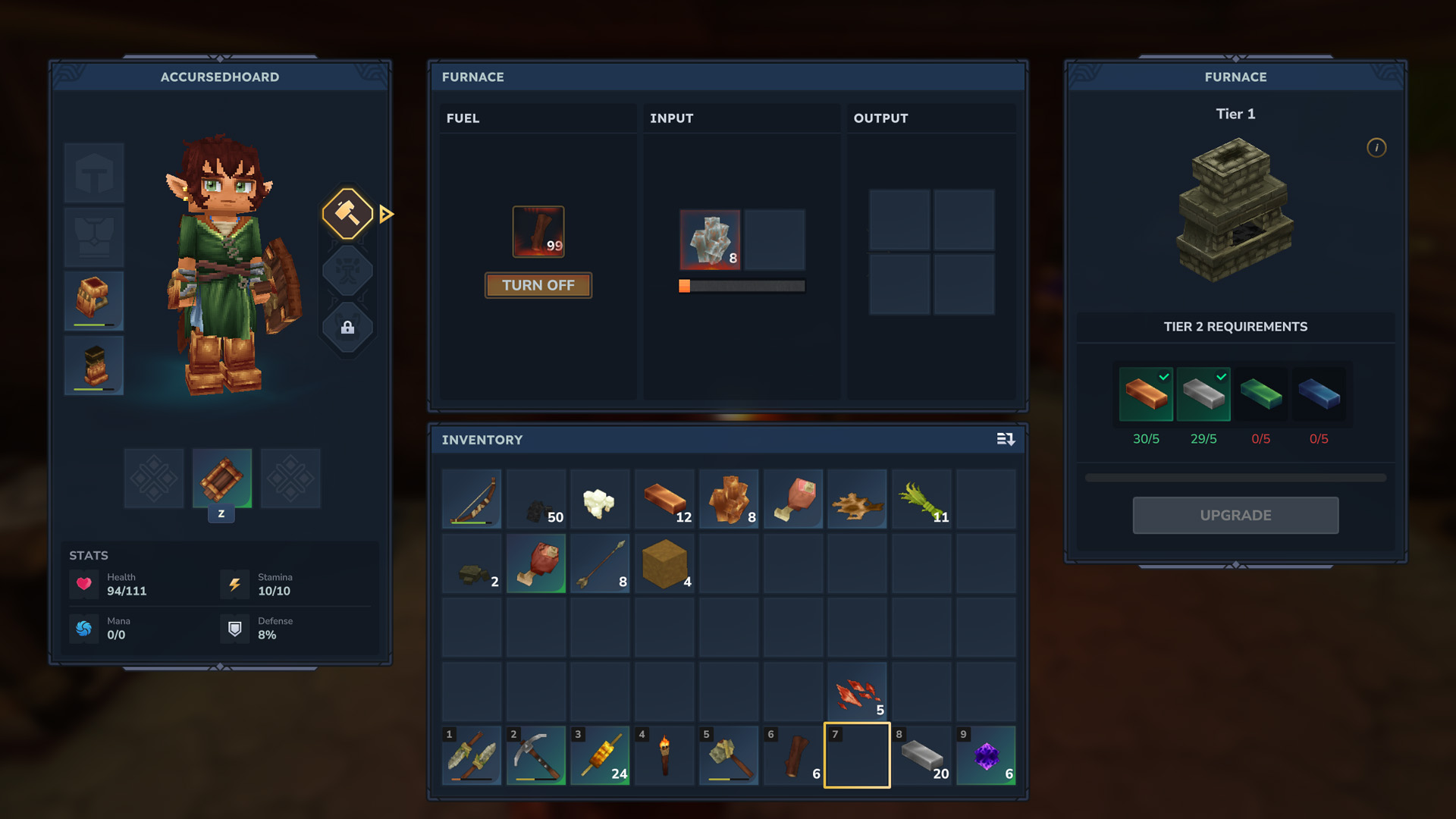 The Hytale Furnace UI, showing a player smelting Iron Ore into Iron Ingots.