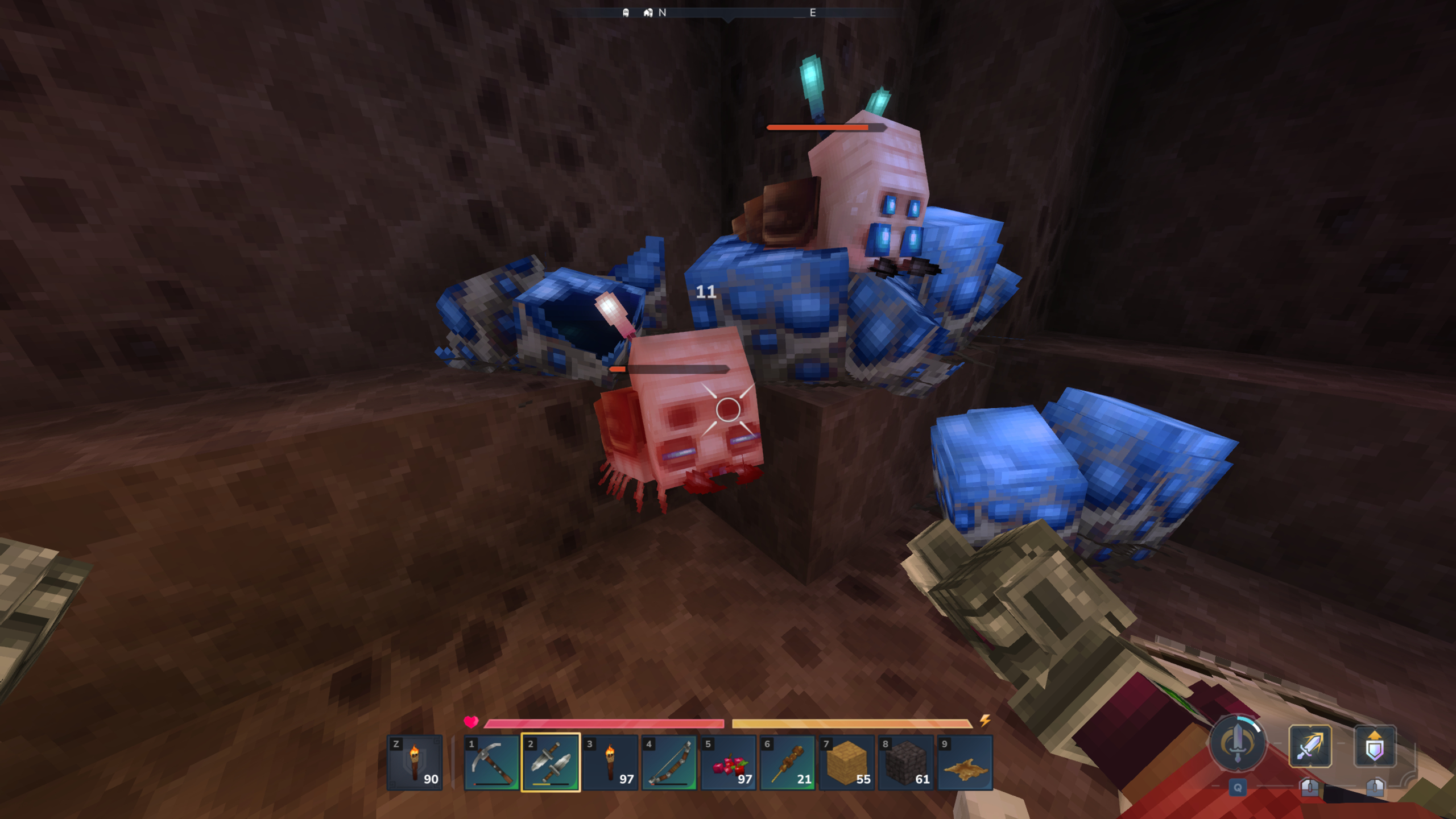 Hytale sturdy chitin: A player looking at and attacking Scarak lice hatching from their eggs.