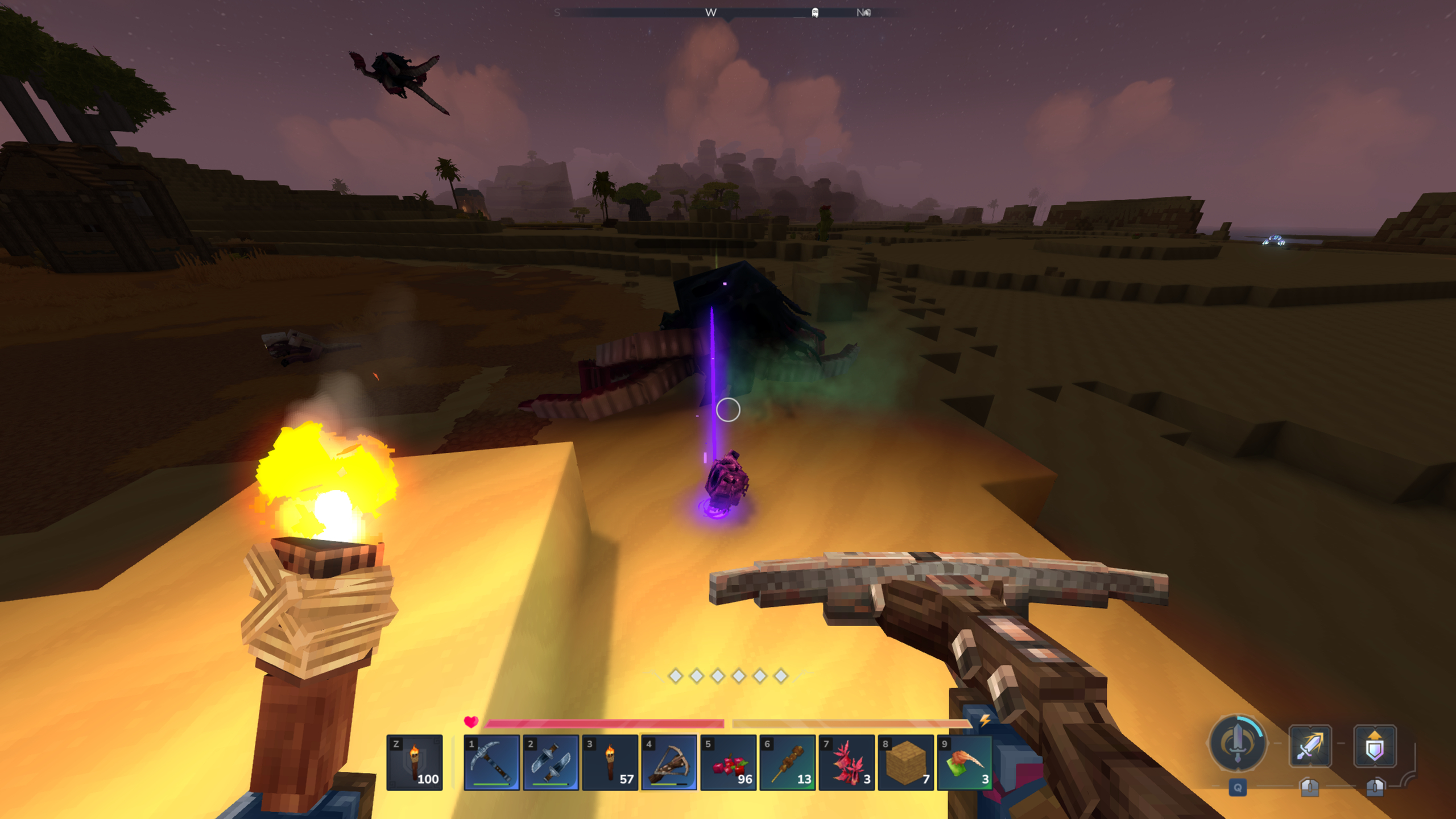 Hytale voidheart: A player looking at a dead Void Eye and its head, holding a crossbow and a torch.