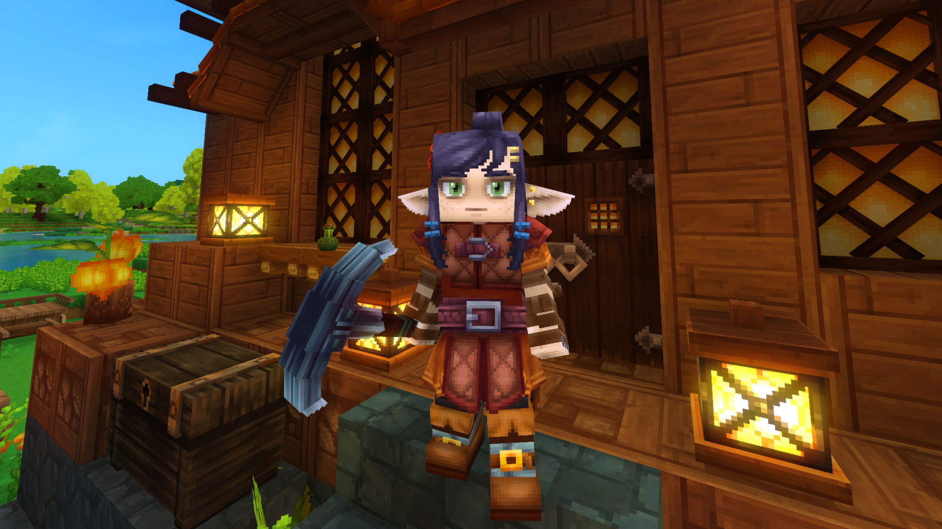 A Hytale player holding a pickaxe in front of their playermade tavern