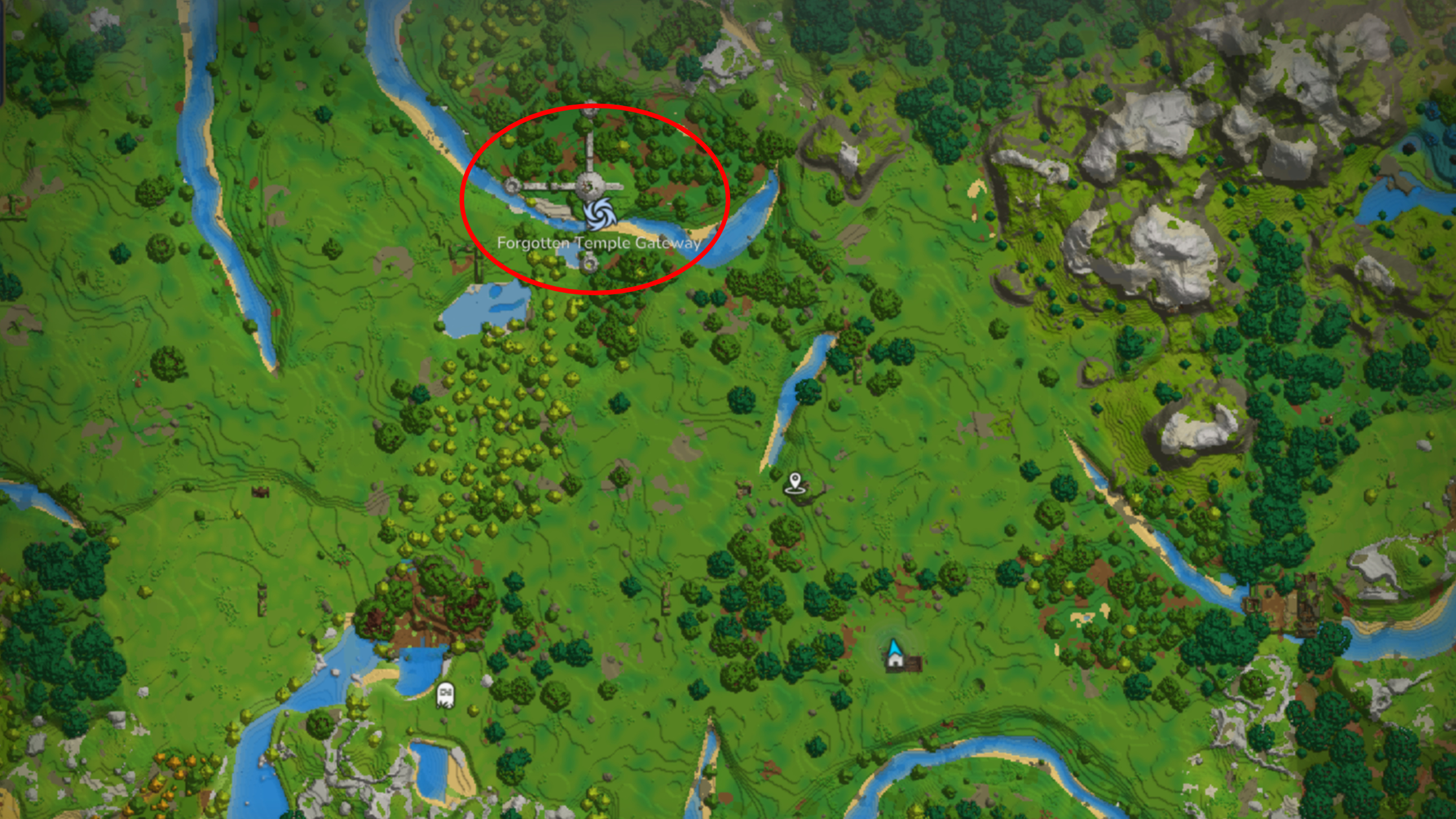 Hytale Memories: A map with a red circle highlighting the location of the Forgotten Temple Gateway.