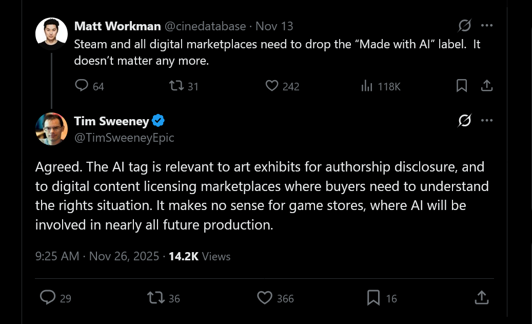 Tim Sweeney tweet that reads: 