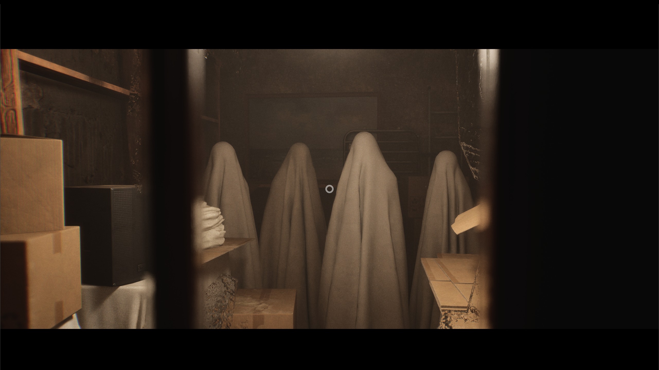 Luto's rows of ghosts - human-like shapes with white sheets thrown over them.