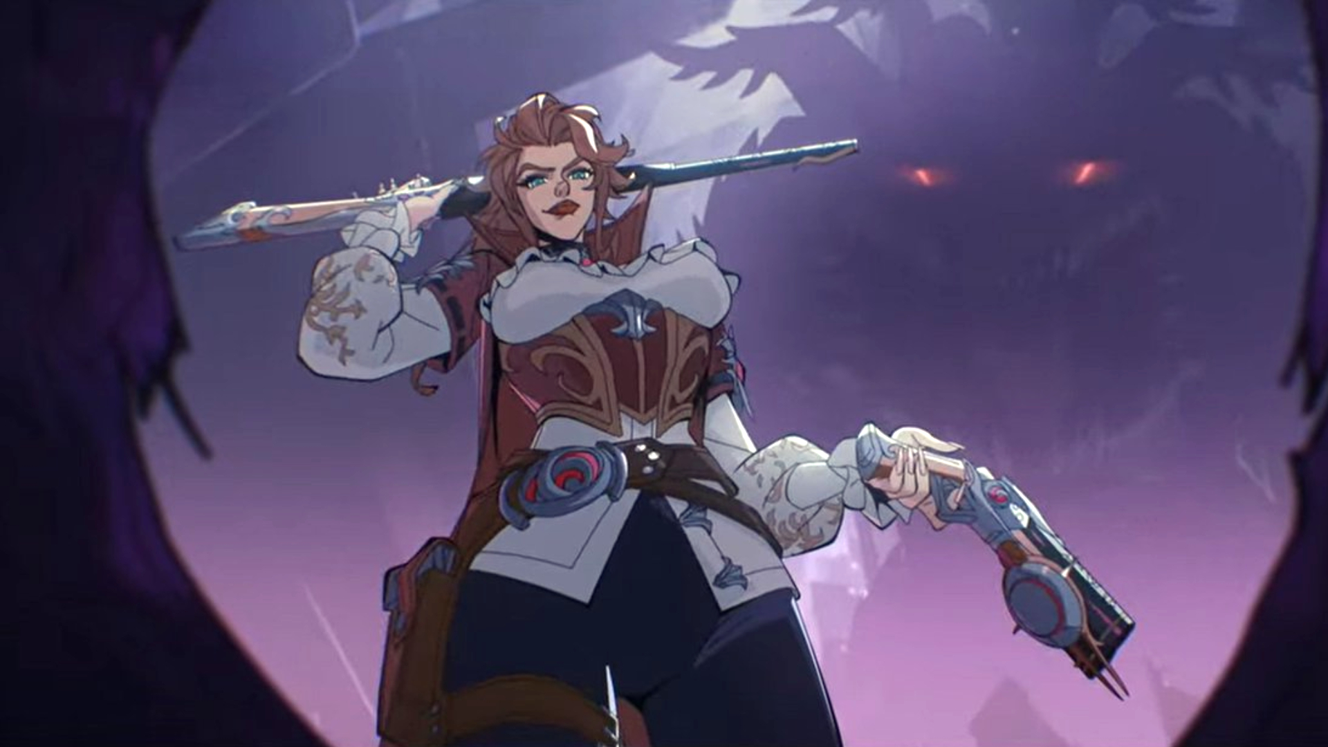 Marvel Rivals Season 6: Elsa Bloodstone from the S6 reveal trailer posing with her rifle over her shoulders and a smaller gun in her left hand, with a large monster in the distance.