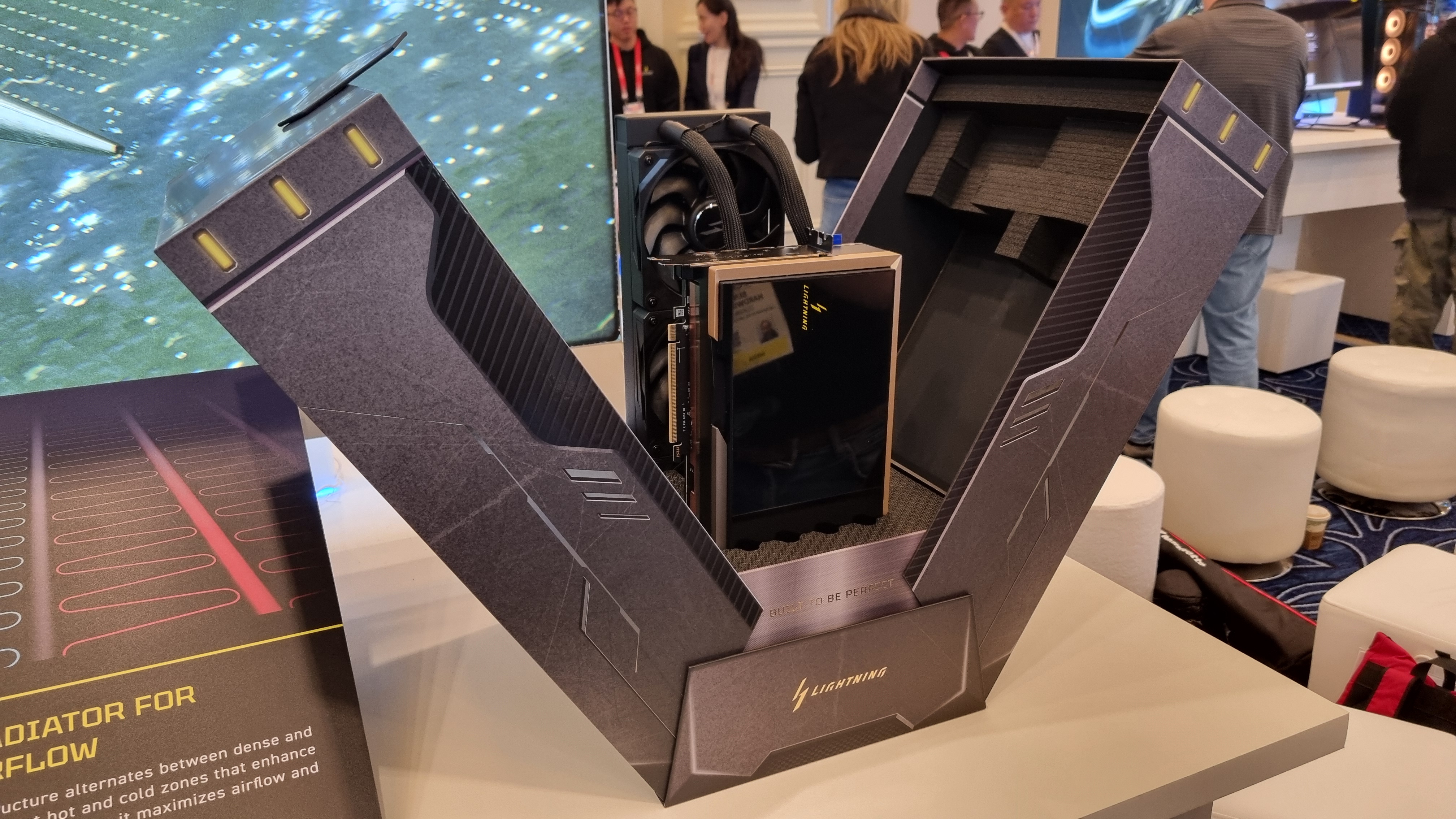 An MSI GeForce RTX 5090 32G Lightning Z graphics card emerging from its super special box