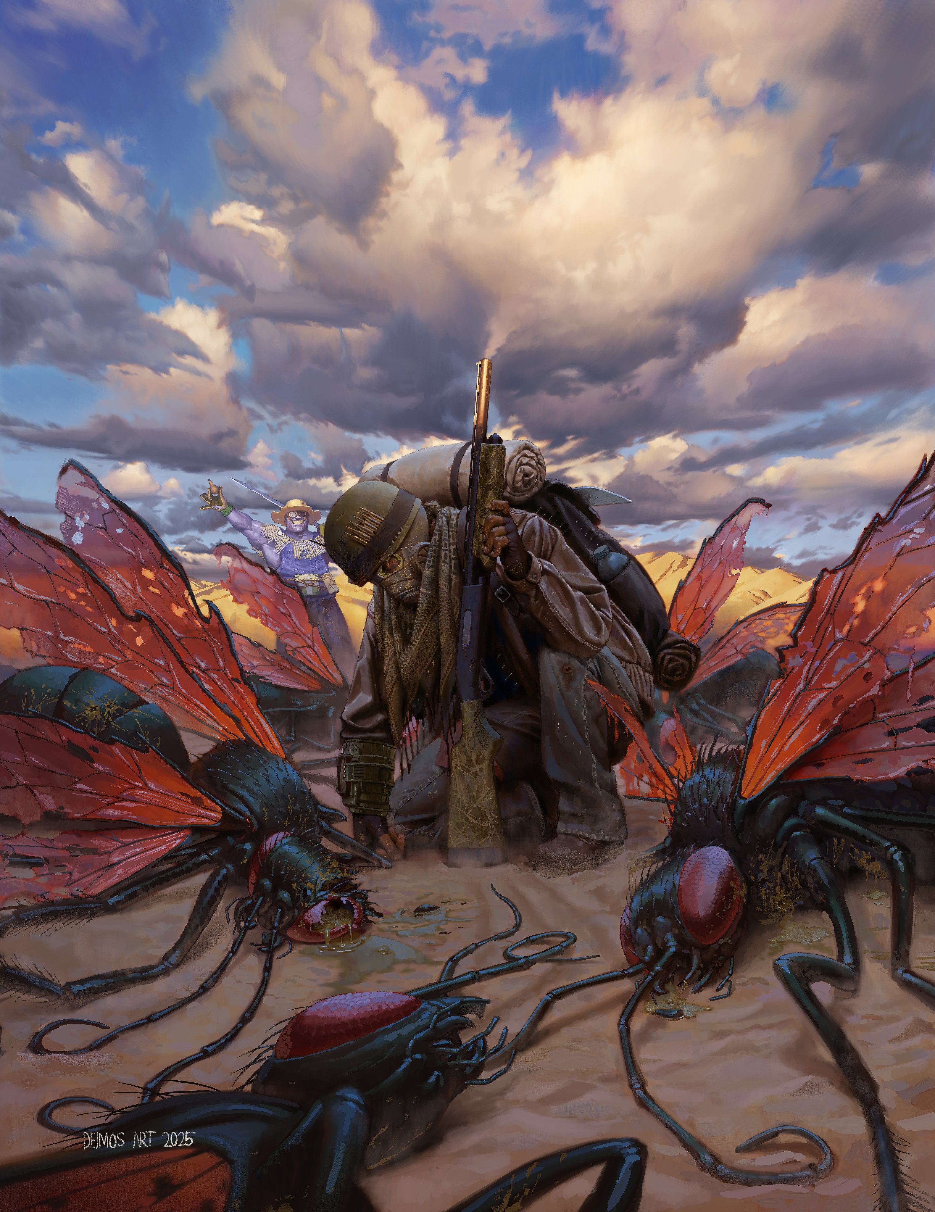 High quality painting of New Vegas ranger leaning on shotgun surrounded by dead giant wasps under blue sky