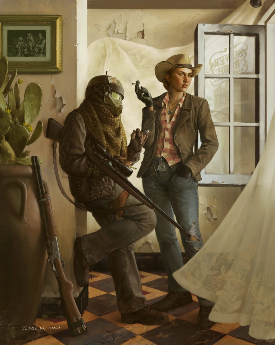 Fan art New Vegas Courier smoking with Cass inside building