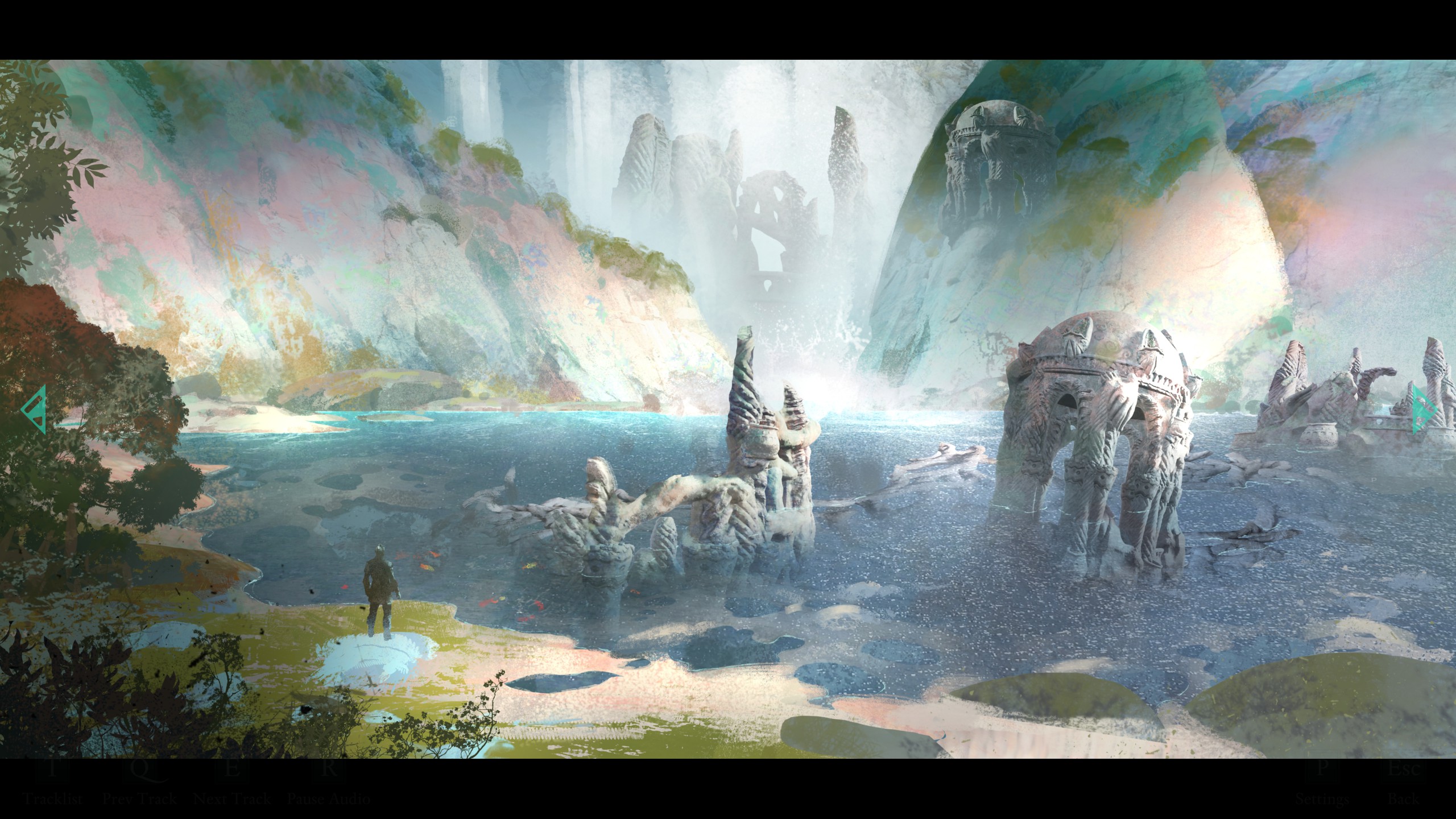 Surreal view of ruins emerging from ocean in Avowed