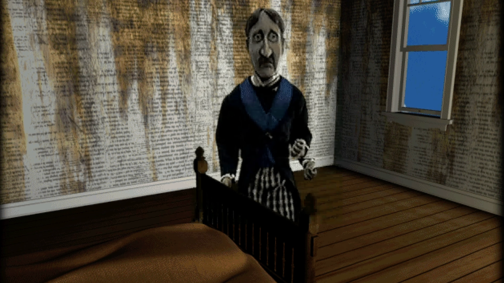 A strange woman stands in a bleak, mildewed room