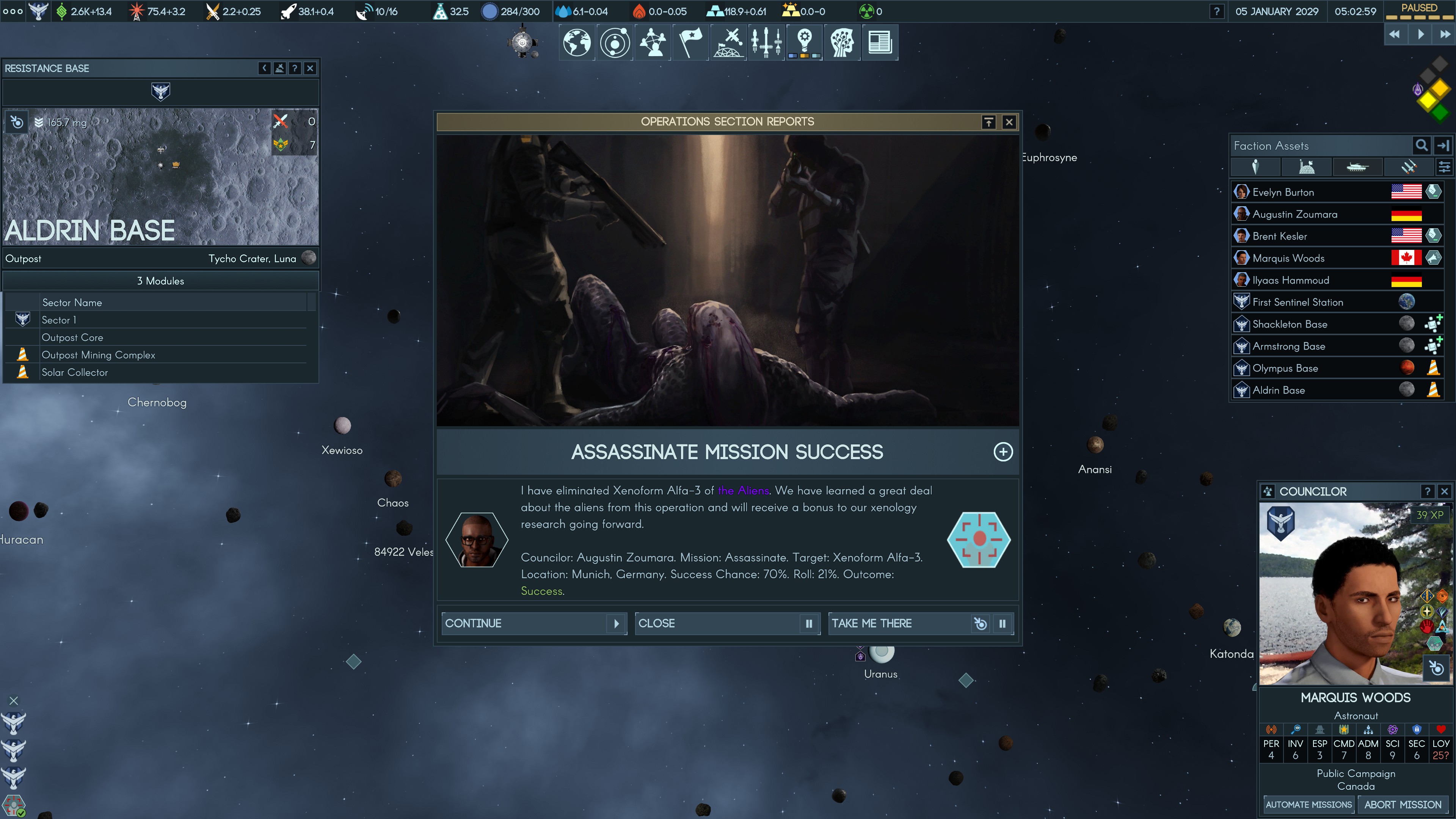 A successful assassination of an alien target is reported