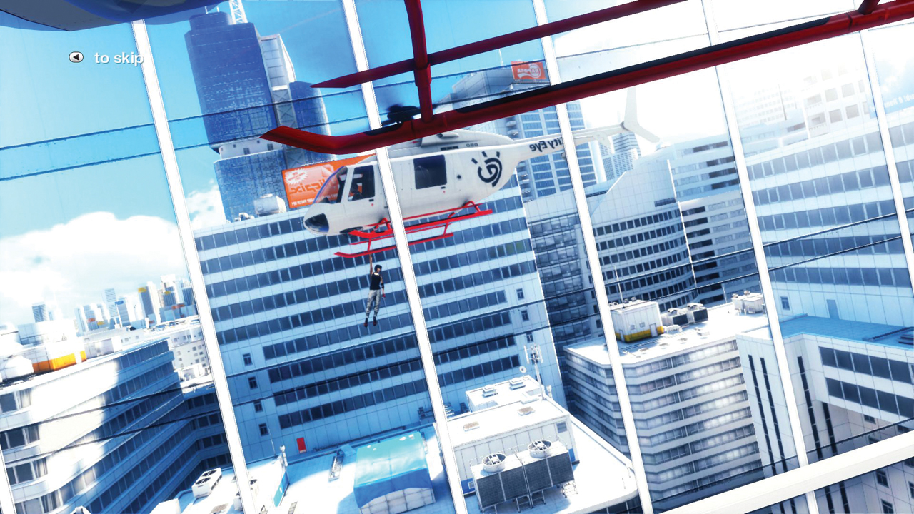 A reflection of a helicopter in a building with a woman hanging from one of the skids