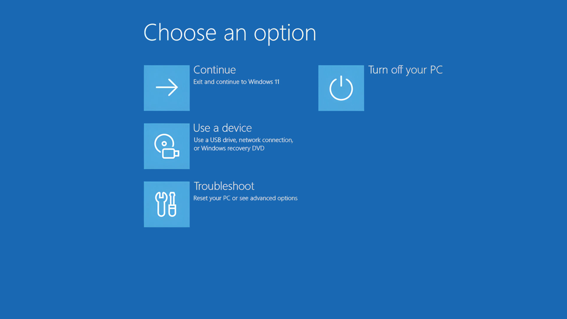 A screenshot of the Windows Recovery Environment for Windows 11