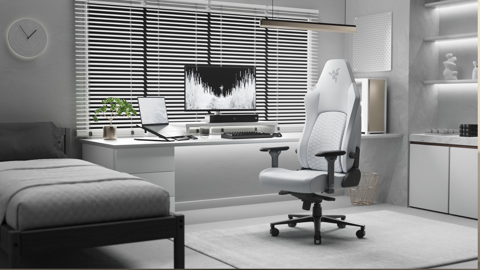 Razer Iskur V2 NewGen gaming chair (white) in a white gaming setup