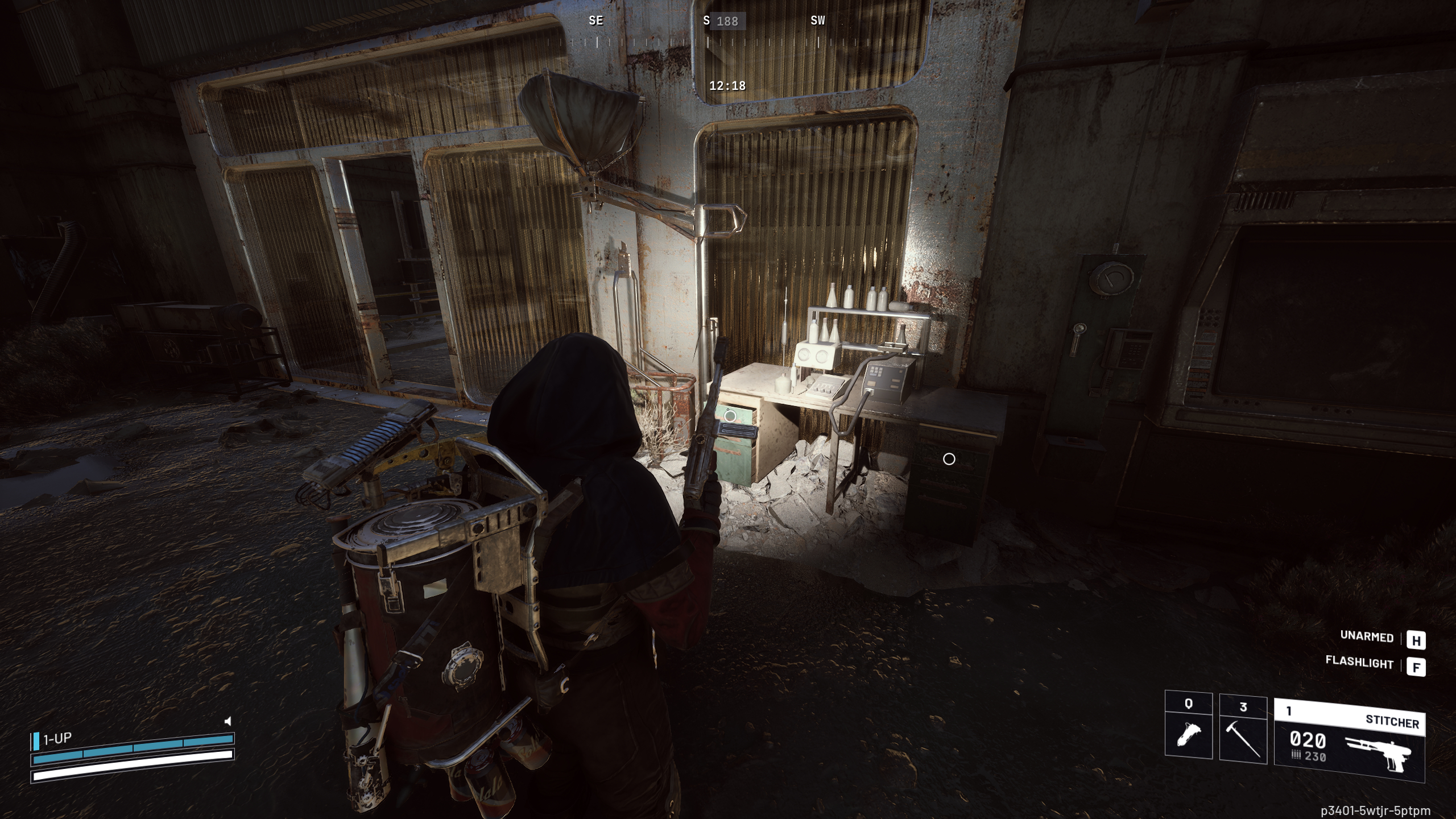 Arc Raiders Expired Respirators: A player looking at a desk in a dark room using a flashlight.