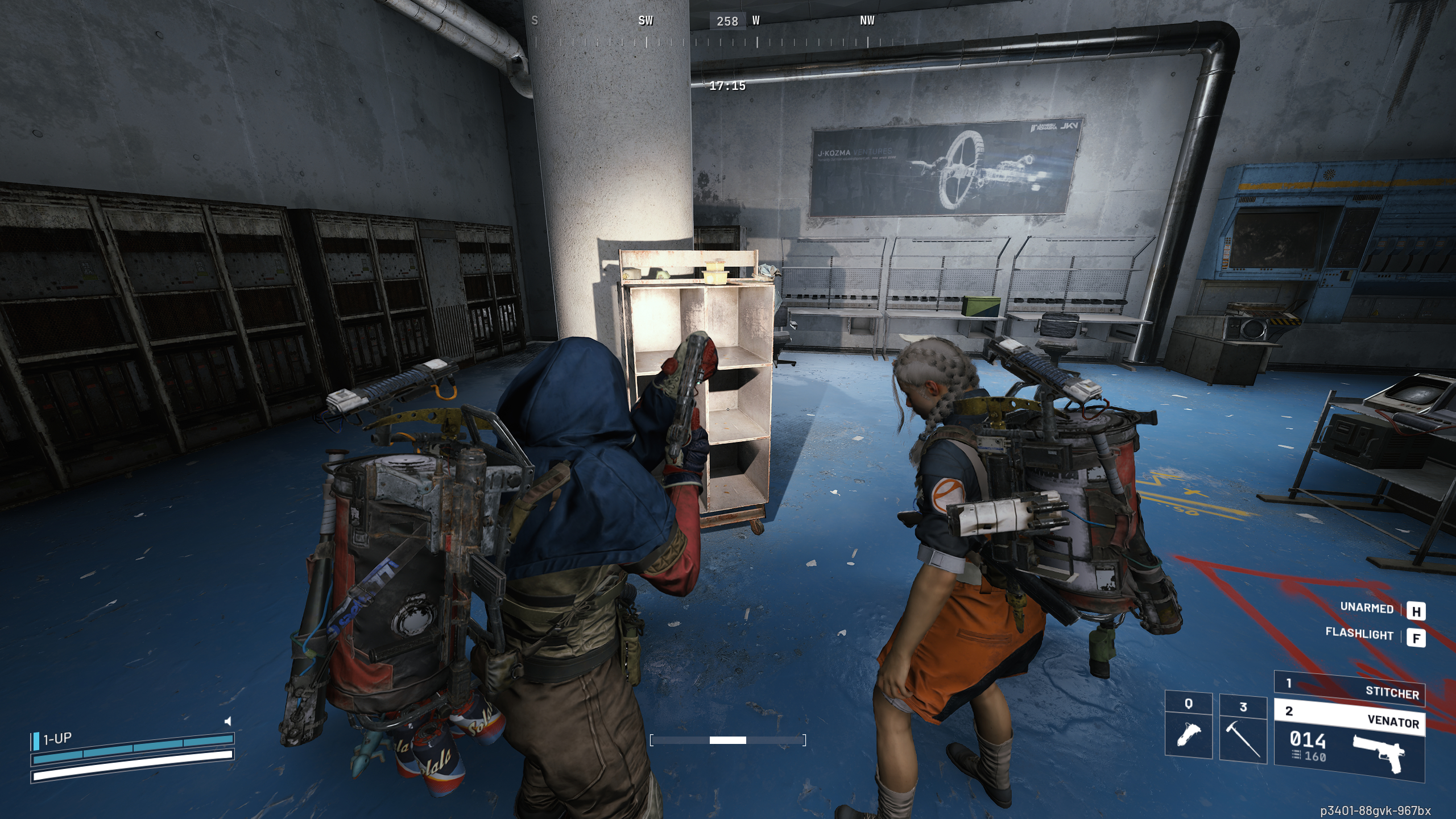 Arc Raiders Geiger Counter: A player looking at a filing cabinet in a dark workshop using a flashlight.