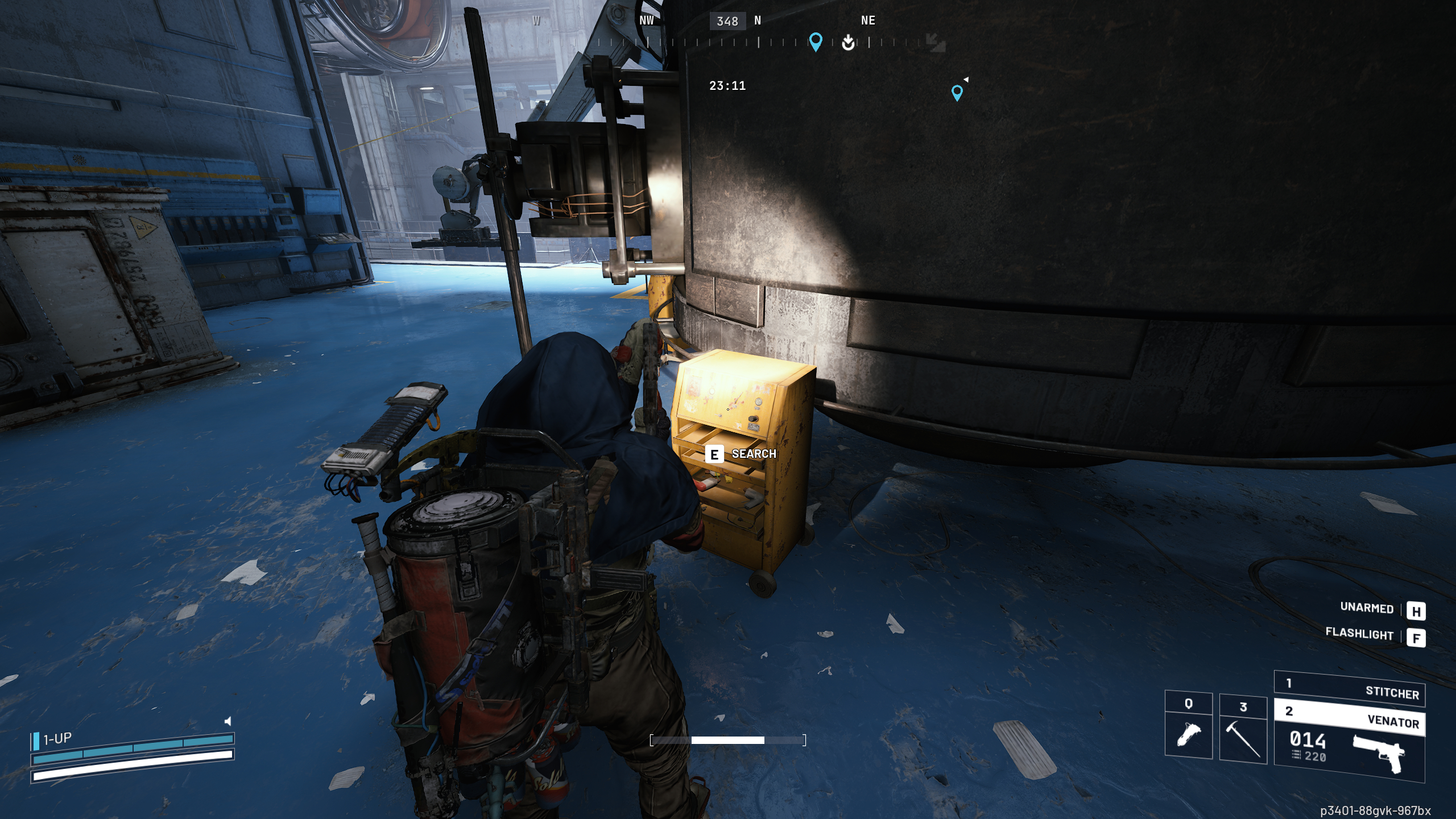 Arc Raiders Geiger Counter: A player looking at a yellow toolbox in the Assembly Workshop using a flashlight.