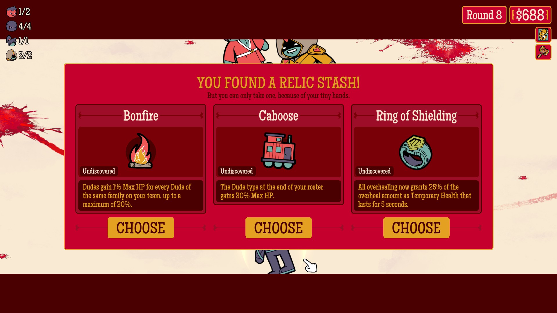 Several screenshots from How Many Dudes? by developer Butterscotch Shenanigans, demonstrating a variety of gameplay mechanics.