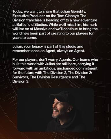 With The Division 3 still in early development, series boss Julian Gerighty leaves Ubisoft to work on Battlefield instead