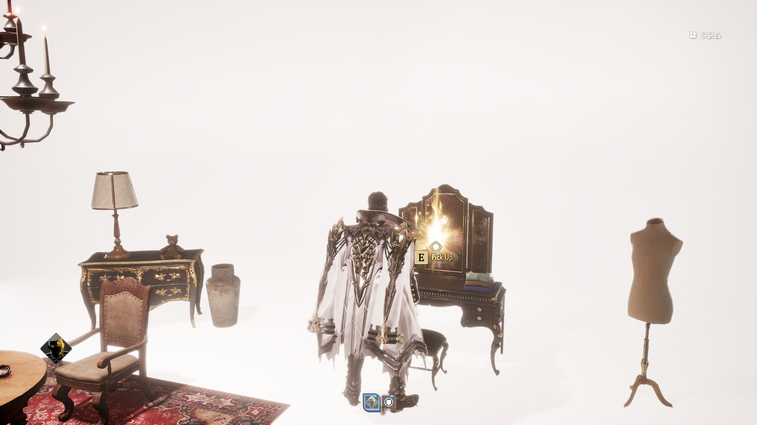 Code Vein 2 best early weapons: A player looking at a makeup table with a glowing item in a white room.