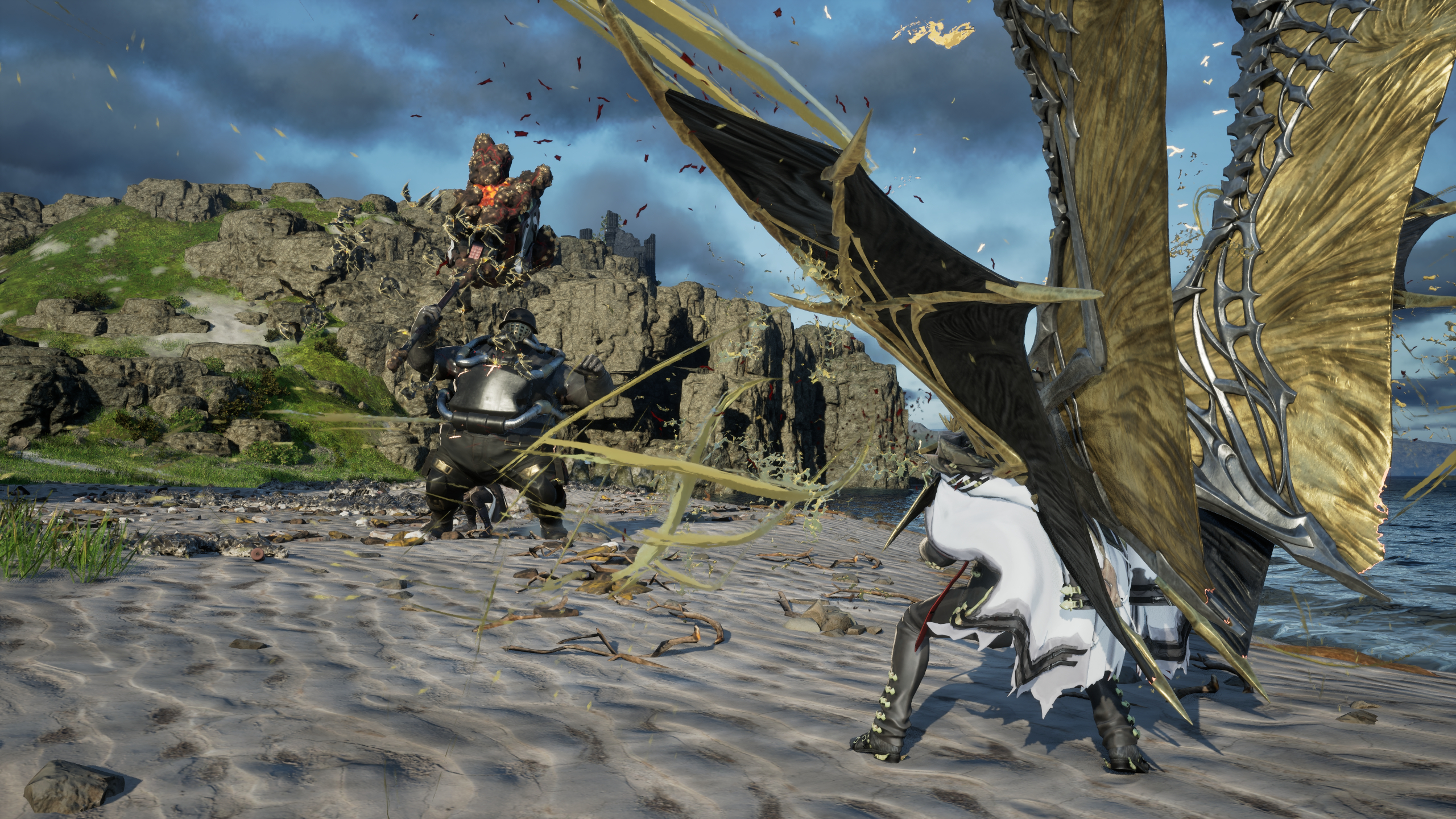 Code Vein 2 best early weapons: A player using the Bat jail against a large enemy on a beach, using large bat wings to send forth a swarm of small bats.