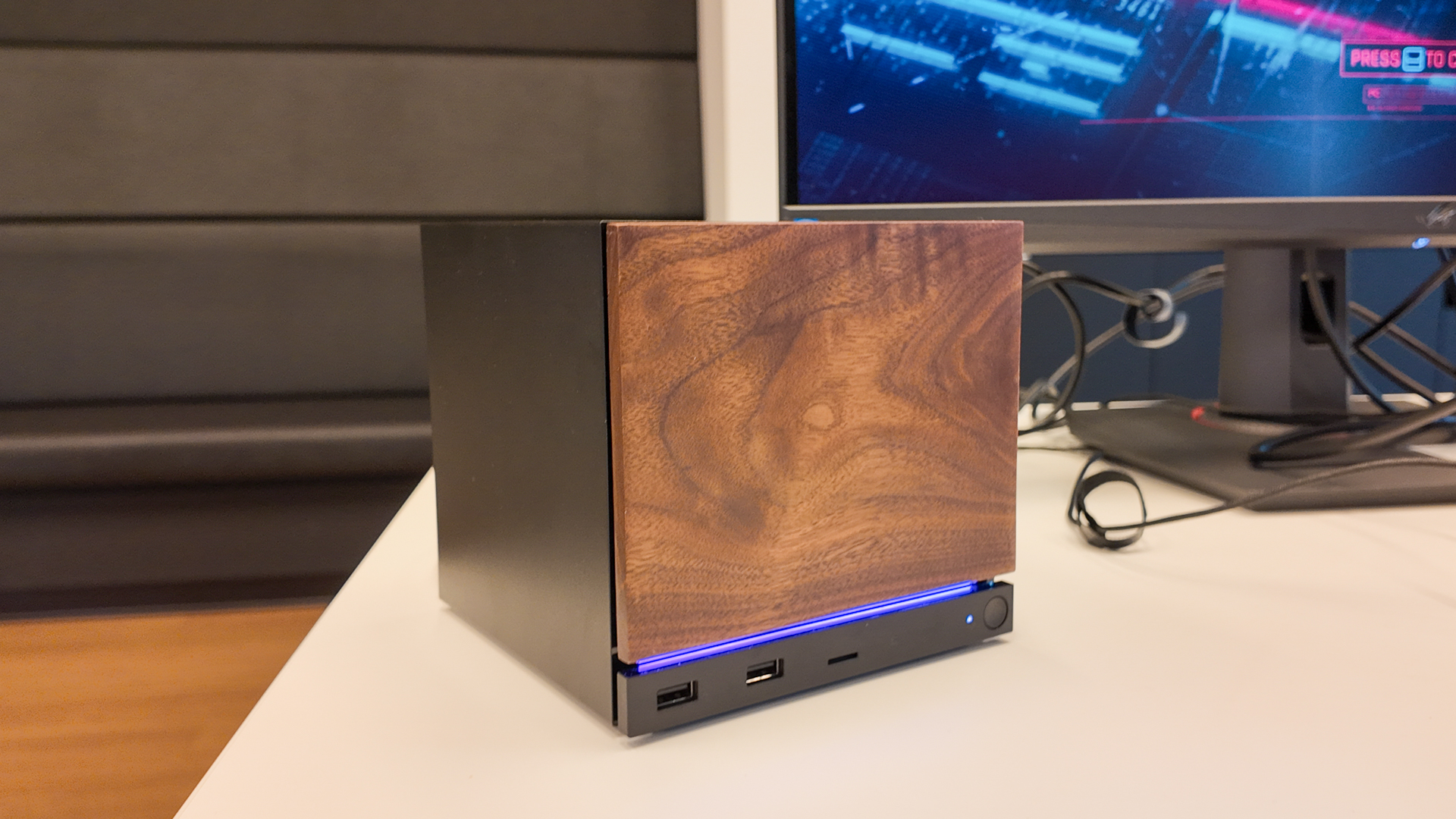 Valve's new Steam Machine during a visit to Valve HQ in Bellevue, Washington. The Steam Machine is a compact living room gaming PC.