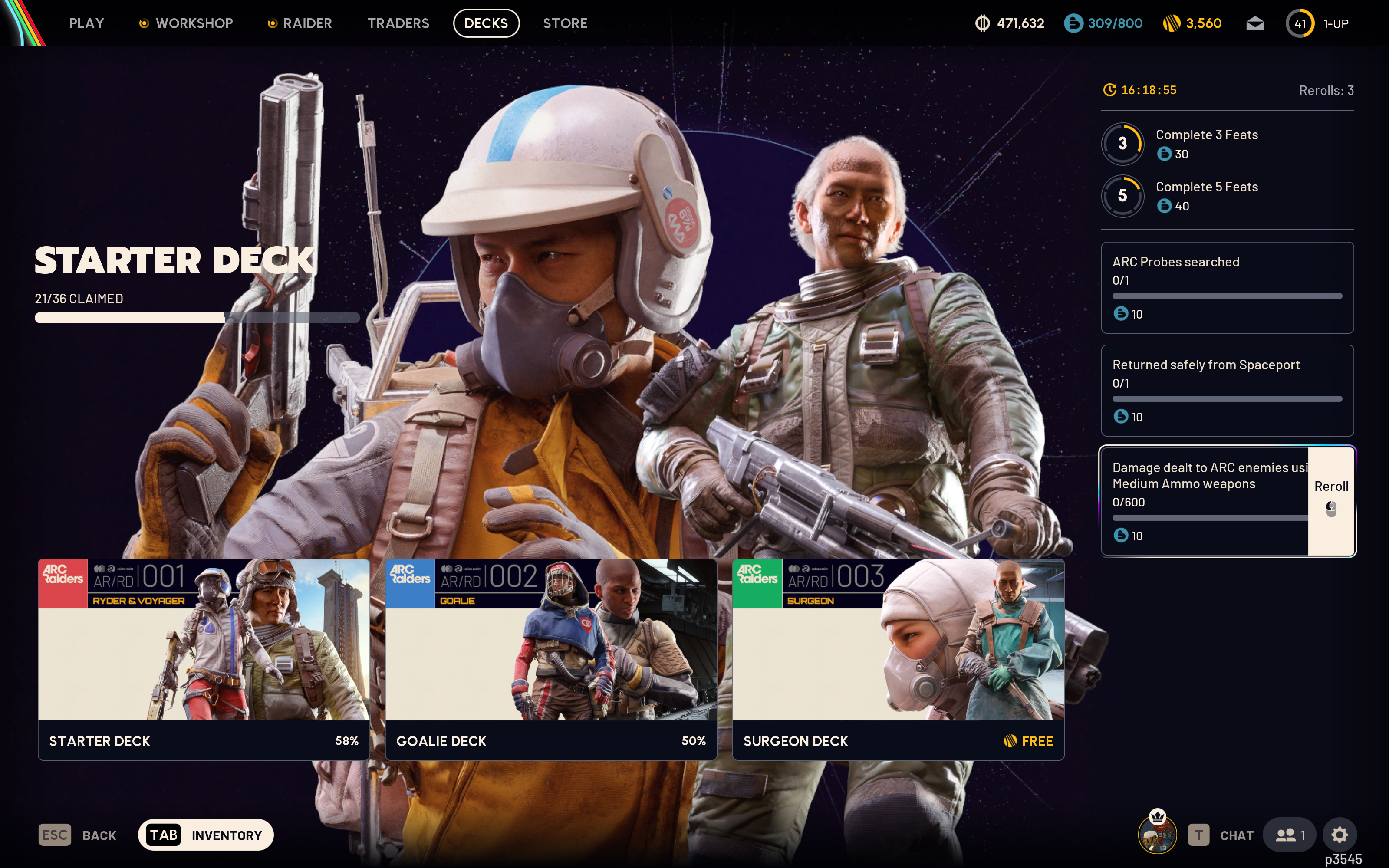 Arc Raiders: The raider deck menu, with the player selecting the option to reroll Feats on the right side on the screen.