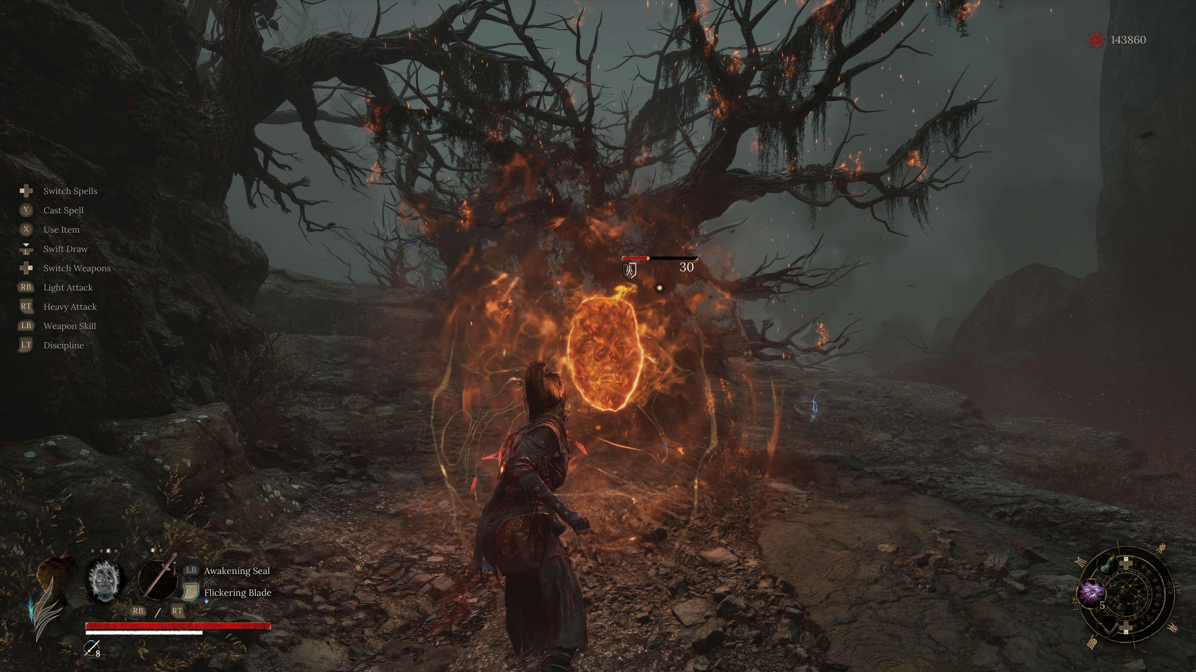 A screenshot of Wuchang: Fallen Feathers as the main character flings a firey spell at an animated tree enemy