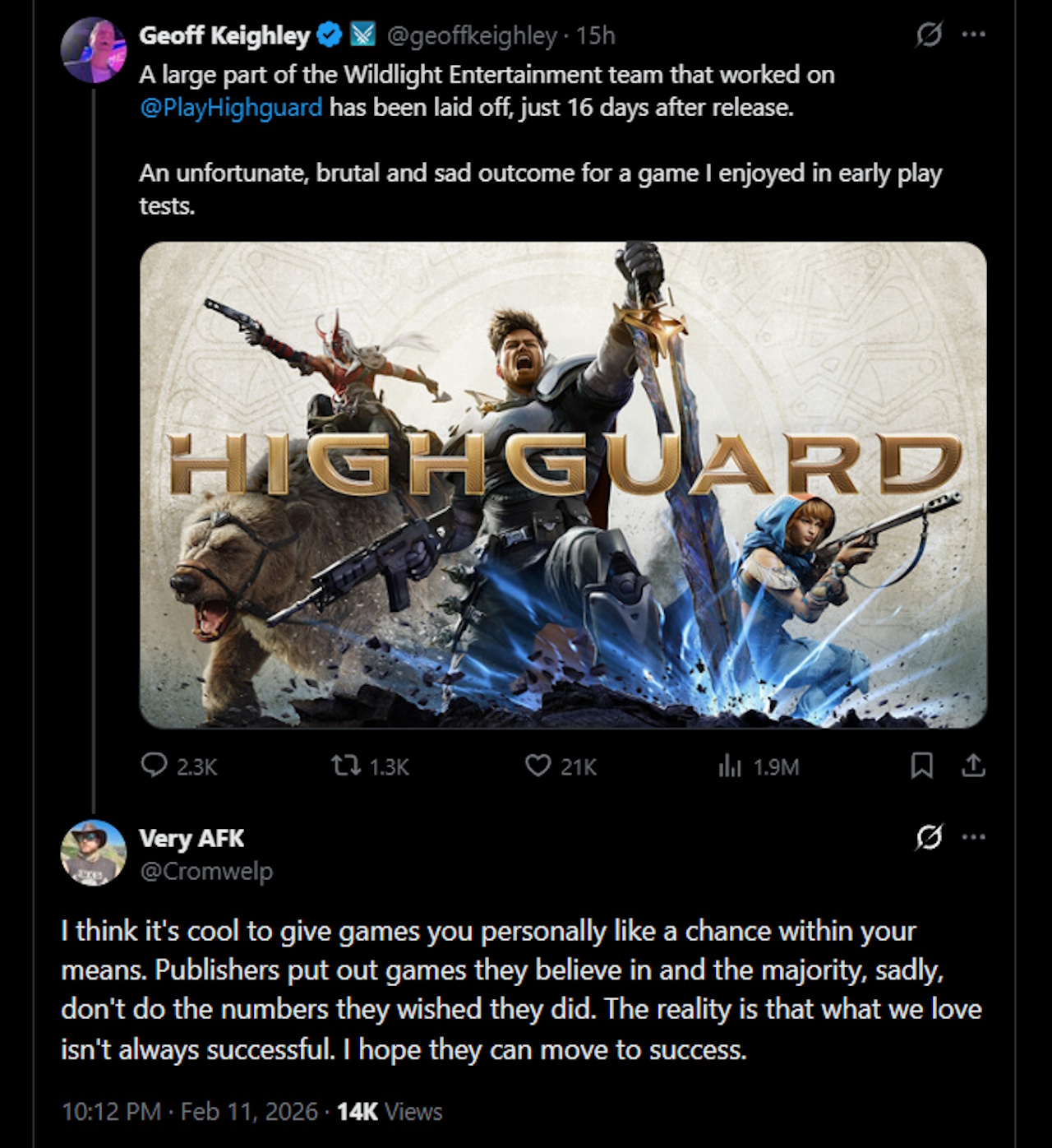 A large part of the Wildlight Entertainment team that worked on @PlayHighguard has been laid off, just 16 days after release.An unfortunate, brutal and sad outcome for a game I enjoyed in early play tests. - I think it's cool to give games you personally like a chance within your means. Publishers put out games they believe in and the majority, sadly, don't do the numbers they wished they did. The reality is that what we love isn't always successful. I hope they can move to success.