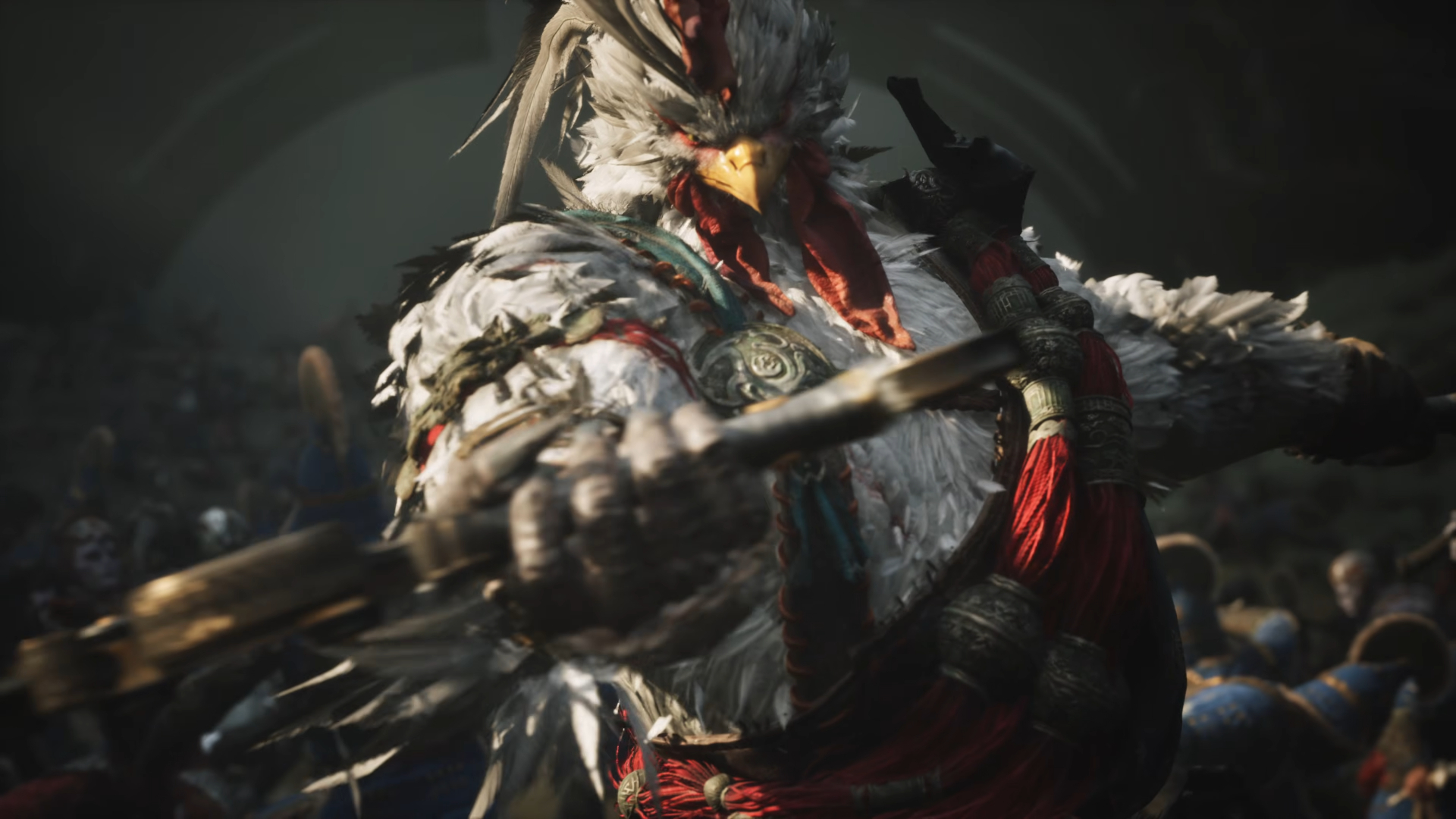 The Hero King, a massive avian warrior, cleaves through enemy soldiers in Project Windless.