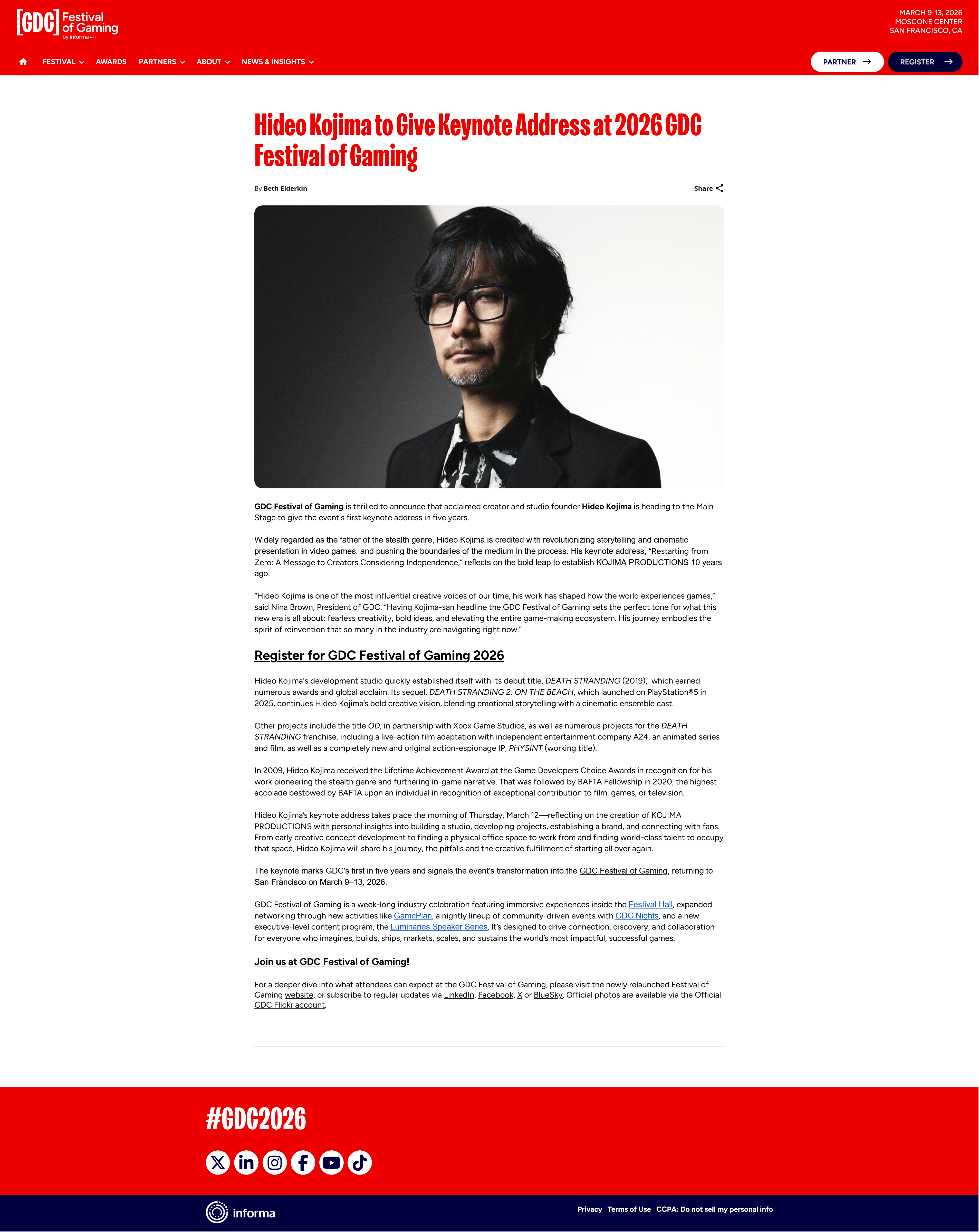 Hideo Kojima to give keynote address at 2026 GDC Festival of Gaming web page