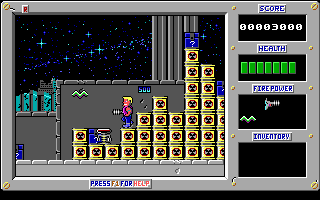 Duke Nukem standing on barrels in 2D platformer