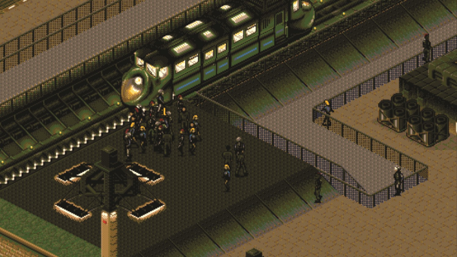 A futuristic train station surrounded by a group of people