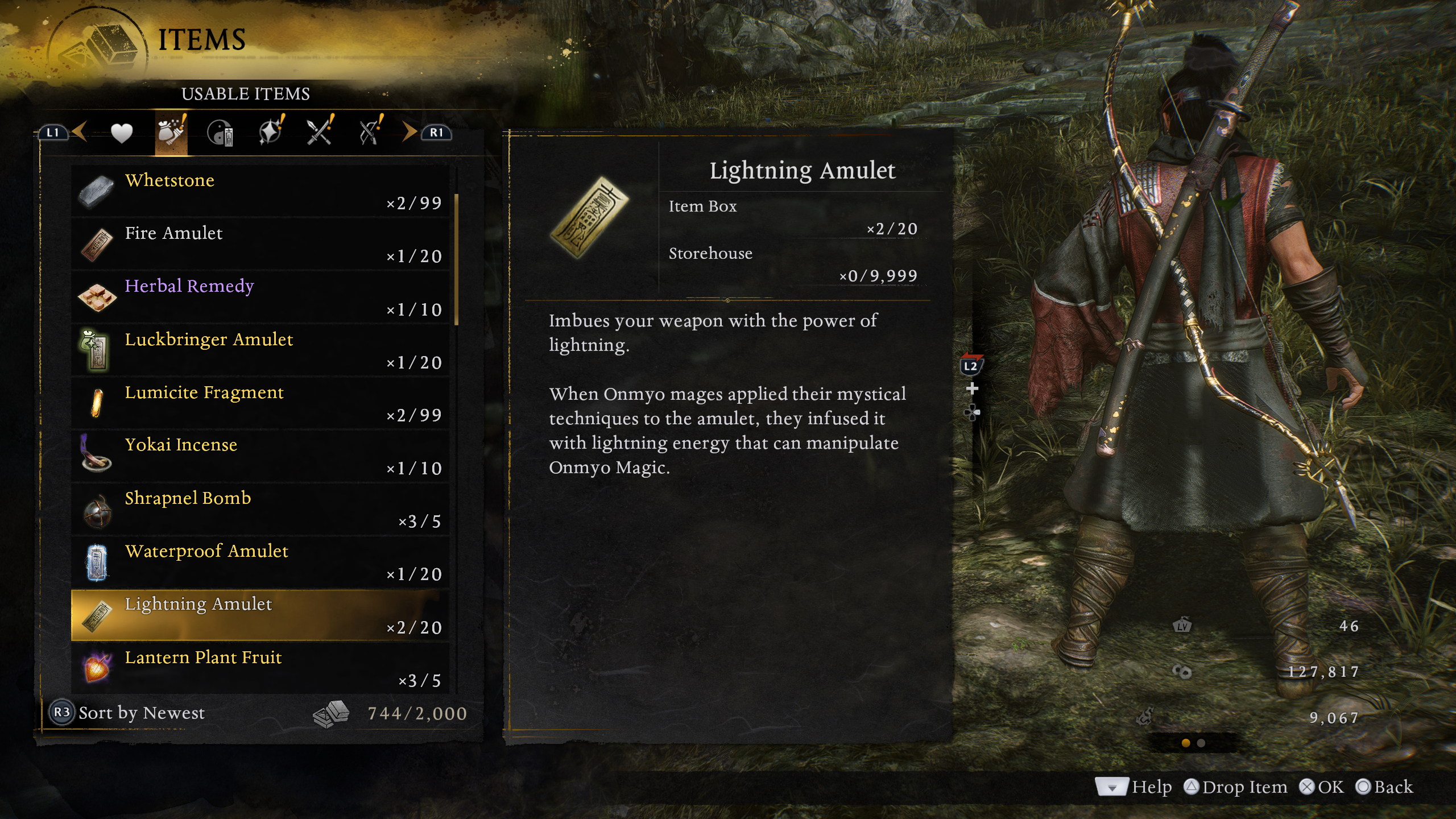 Nioh 3 Baba Nobuharu: The Lightning Amulet item in the player's inventory.