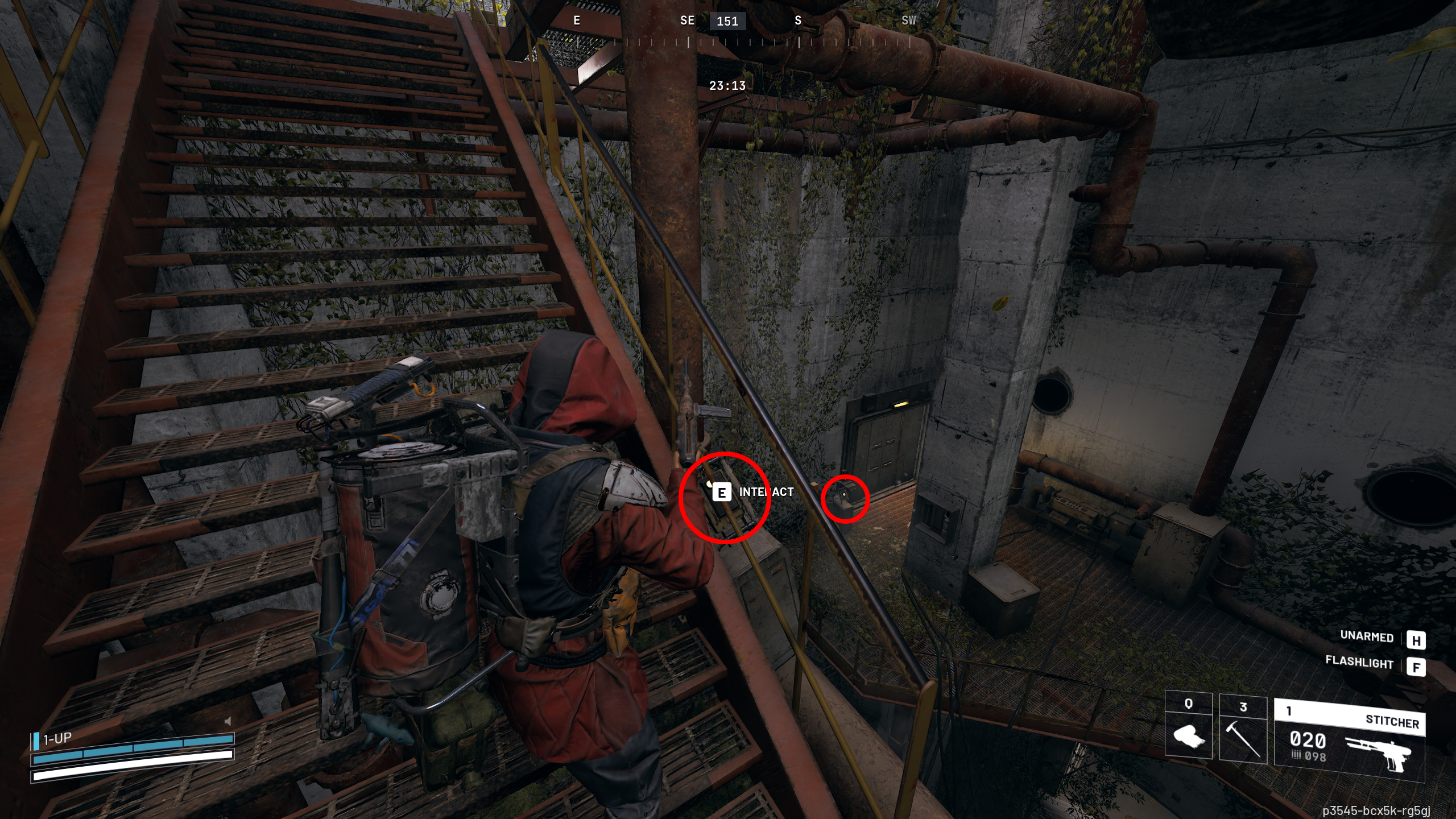 Arc Raiders Controlled Access Zone puzzle: A player looking at buttons on the side of a metal walkway in an overgrown facility, with two red circles highlighting the switches.